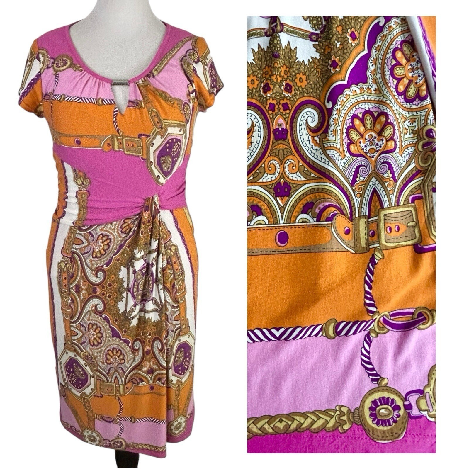 APANAGE Pink DRESS 10 Knit Chain Link Paisley Floral Maximalist Bodycon Retro