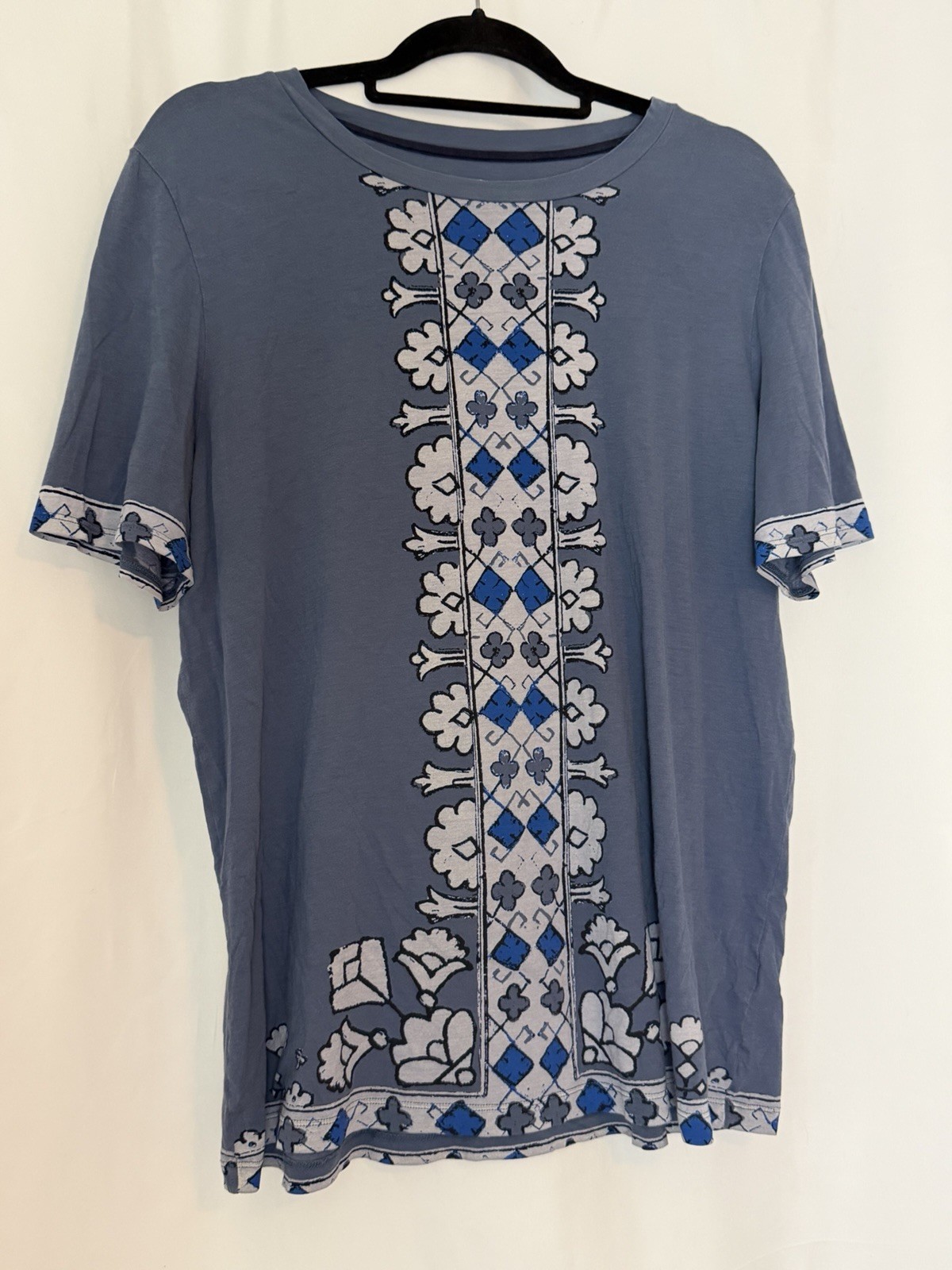 Tory Burch Women’s XL Blue Pima Cotton Knit Embroidered Geometric T-Shirt