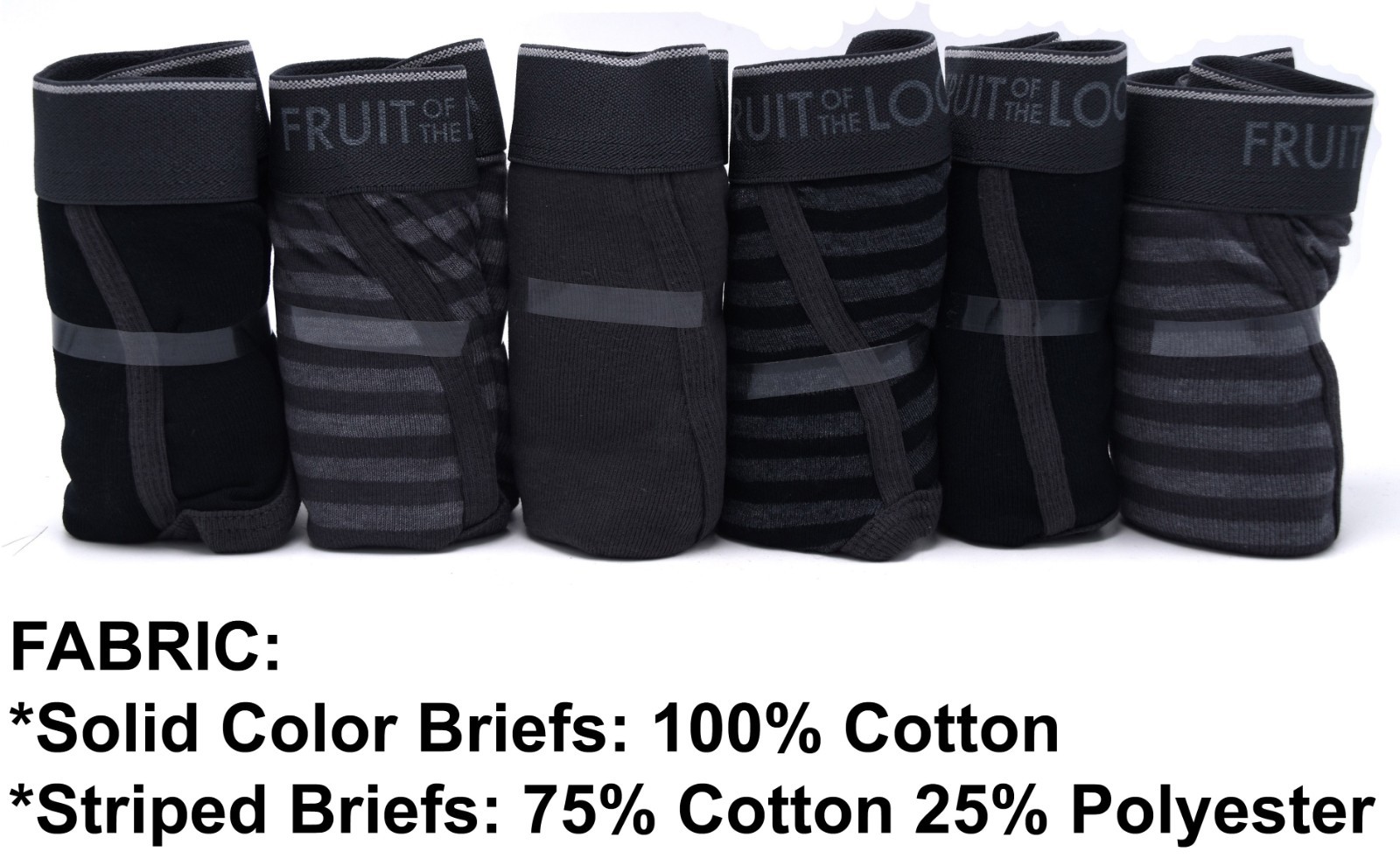 6 Black Gray Stripes Solid XL 40-42 Briefs Mid Rise Fruit of the Loom 102-107CM