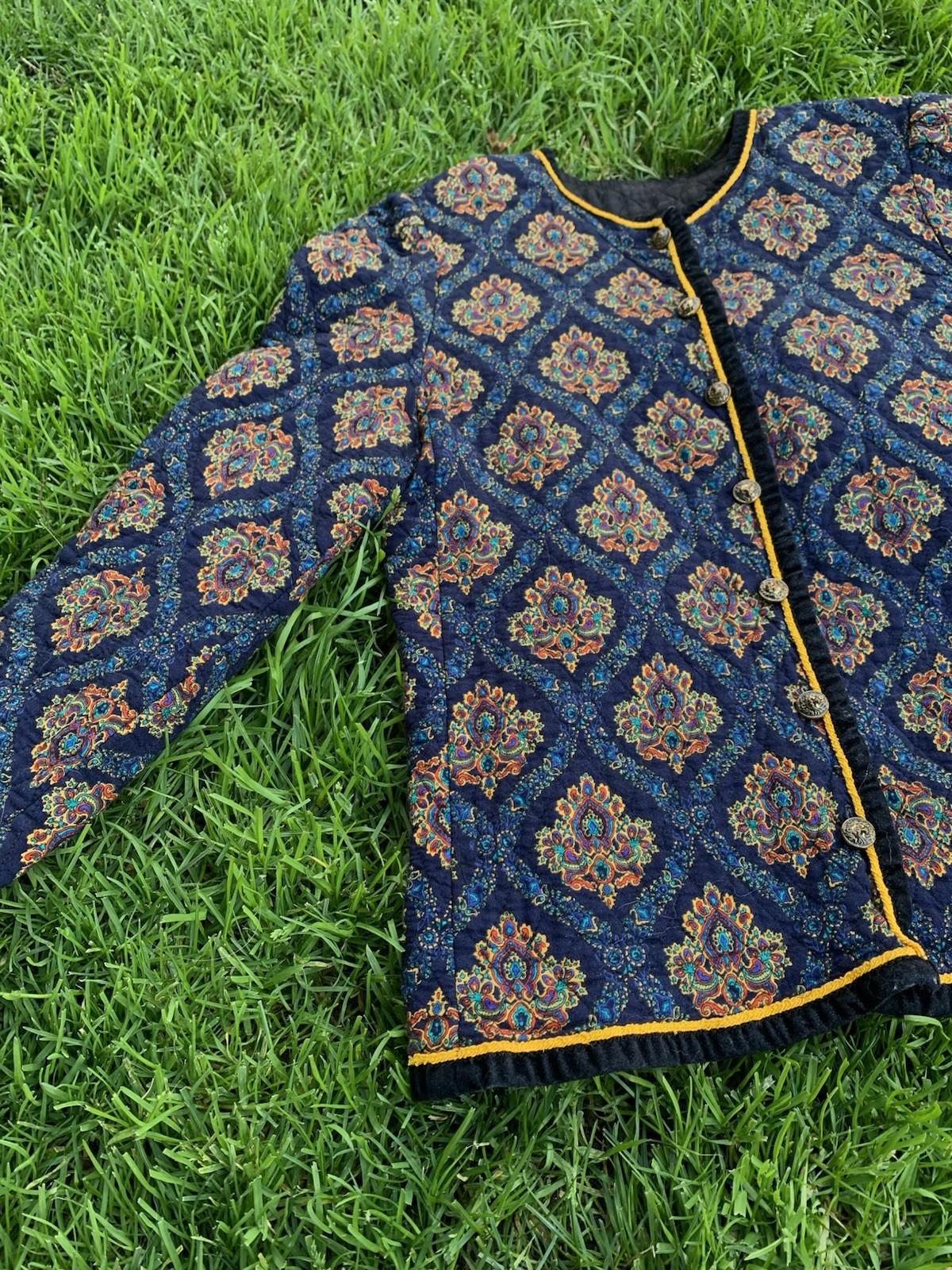 Women’s Blue Paisley Jacket, Button Front, Lined, Yellow Trim