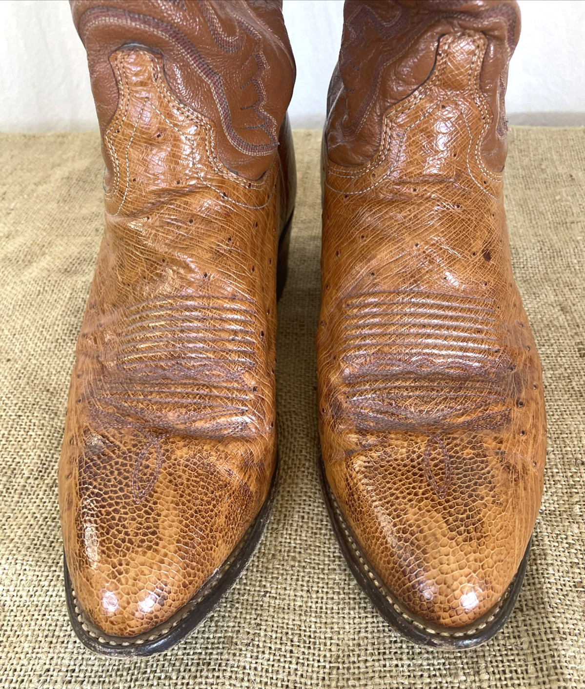 VTG J Chisholm Men Size 11.5D Full Quill Ostrich Leather Cognac Cowboy Boots USA