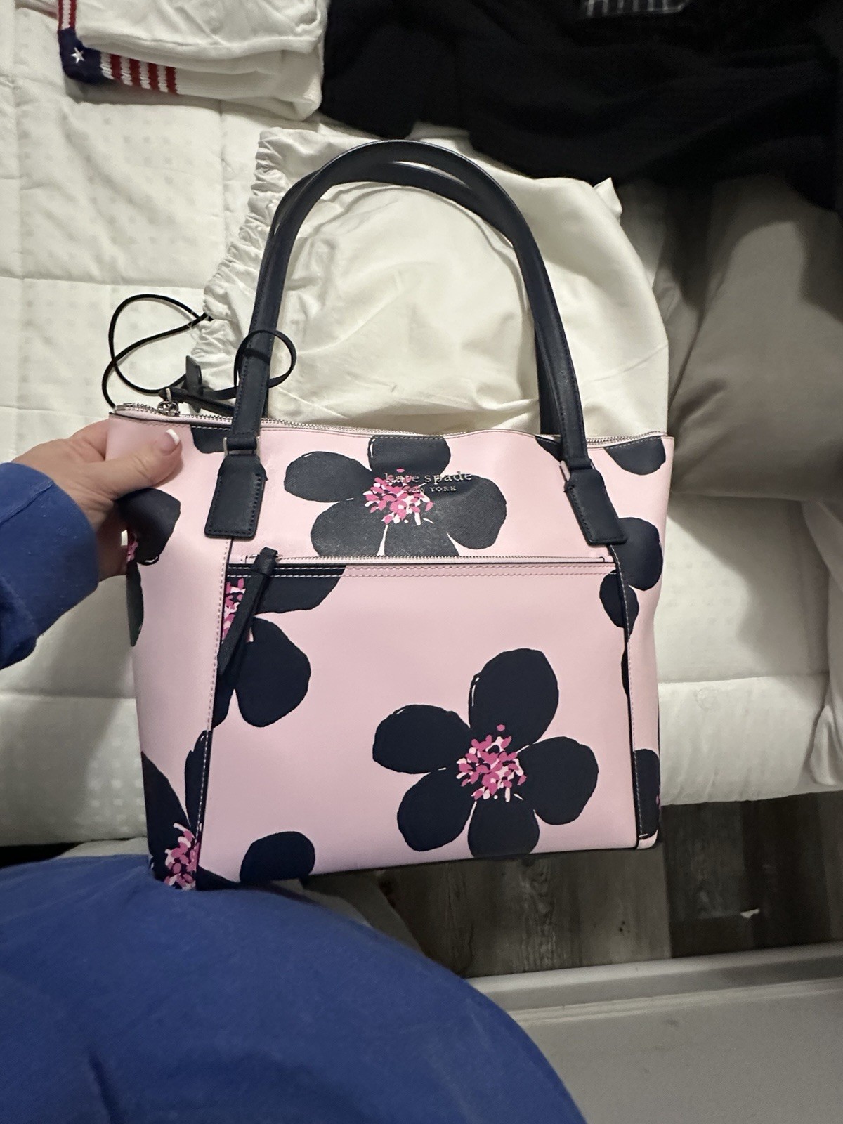 Kate Spade New York Large Pink Black Floral Zip Tote Bag w/ Pouch, Zip Pocket