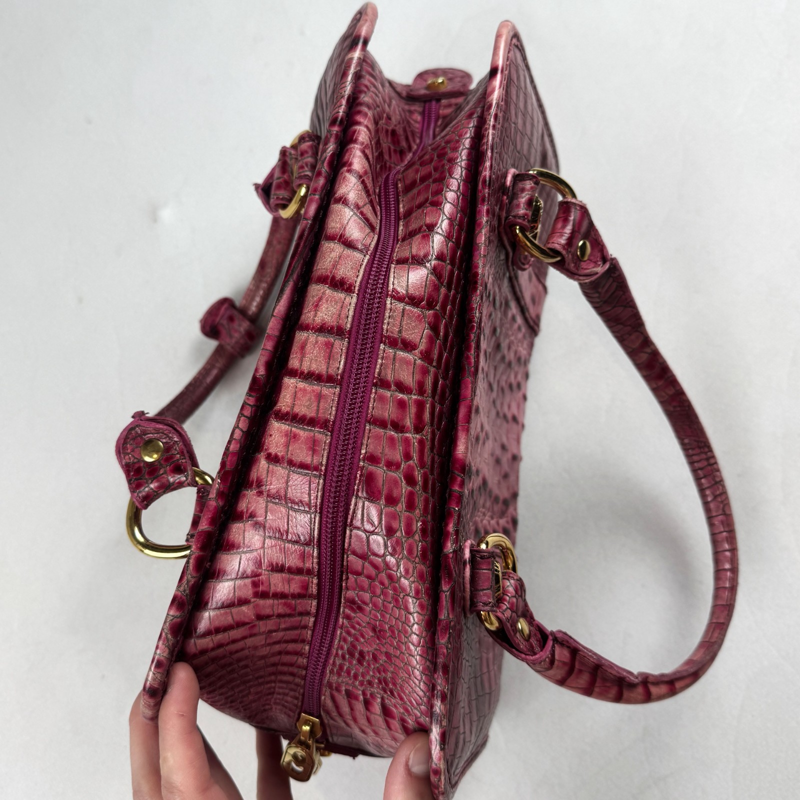 Italy Pink Croc Embossed Handbag Leather Top Handle Purse Retro Shoulder Bag