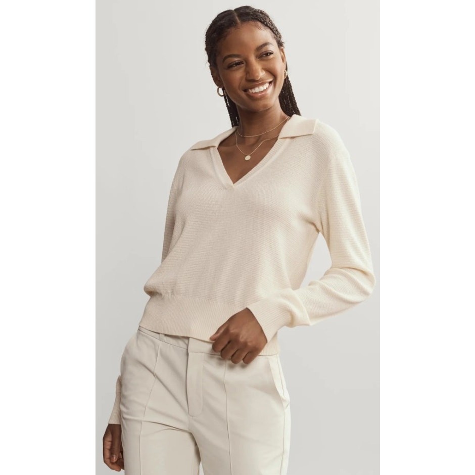 Rhone Birdie Sweater Polo Long Sleeve Johnny Collar Cream Knit Womens Large