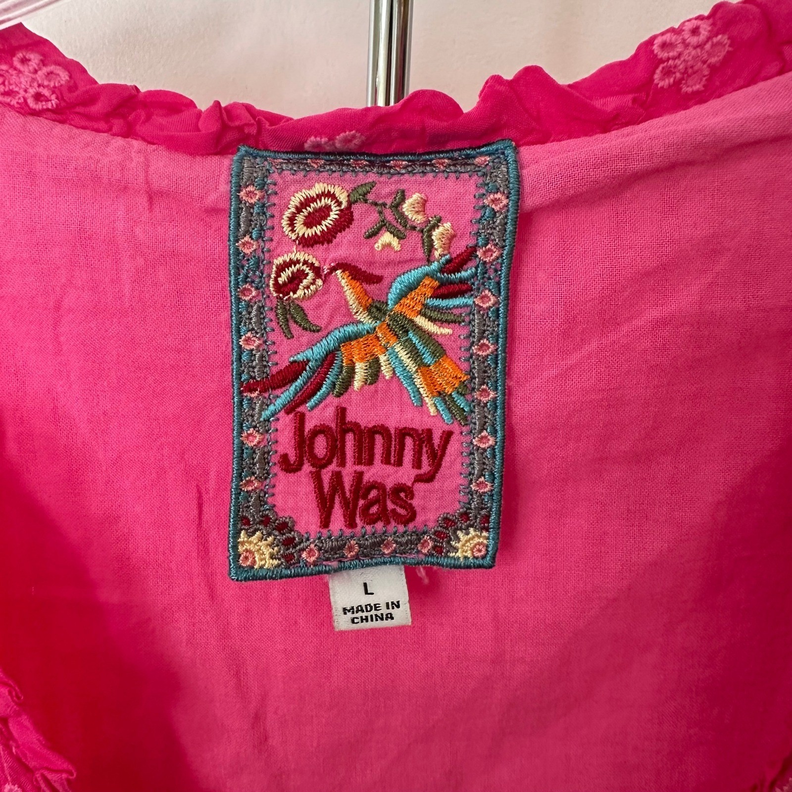 Johnny Was Hot Pink Embroidered Silk Blend Tunic Top Lace Trim V-Neck Large