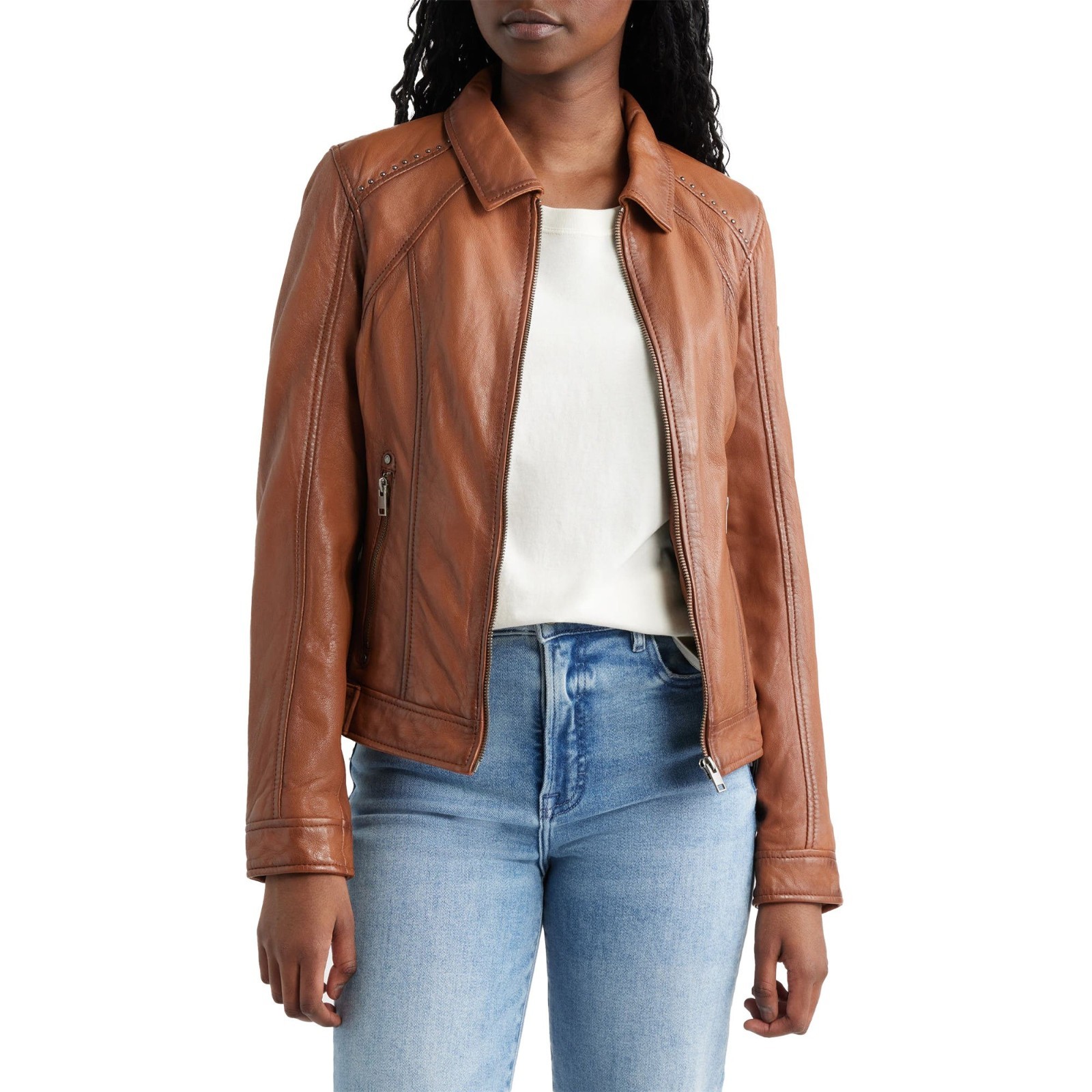 Women’s Real Leather Jacket Classic Tan Brown Studded Collar Zip Up Casual Coat