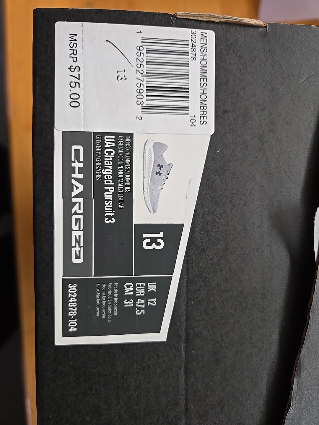 UNDER ARMOUR UA CHARGED PURSUIT 3 SIZE 13 MEN LIGHT GRAY/ BLACK LOGO