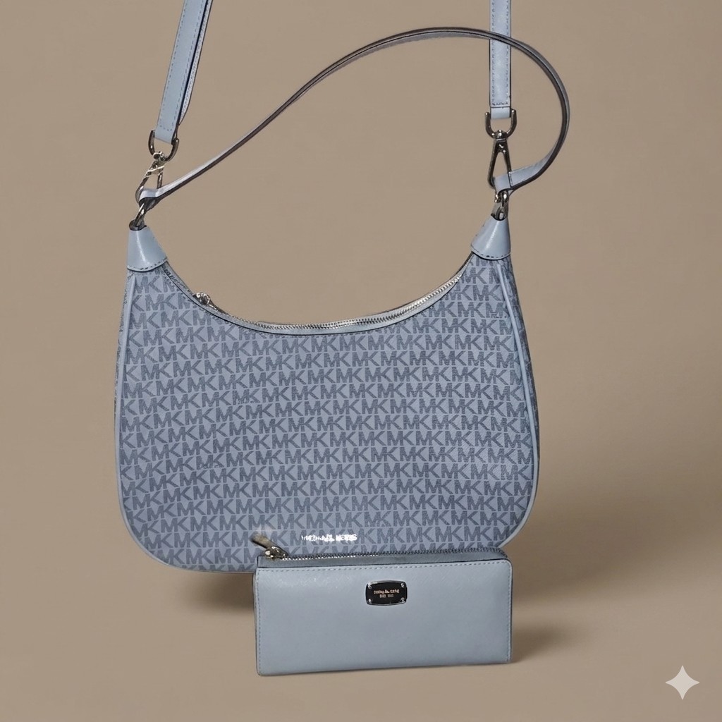 NWOT Michael Kors Nayla Hobo Bag /Jet Set Wallet Set Pale Blue Monogram Matching