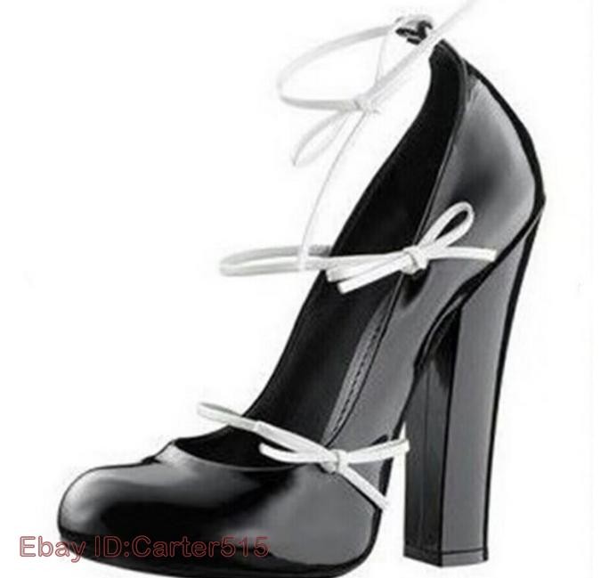Women’s Bandage 12CM Chunky Heel Shoes Round Bowknot Toe Lace Up Splicing Chic