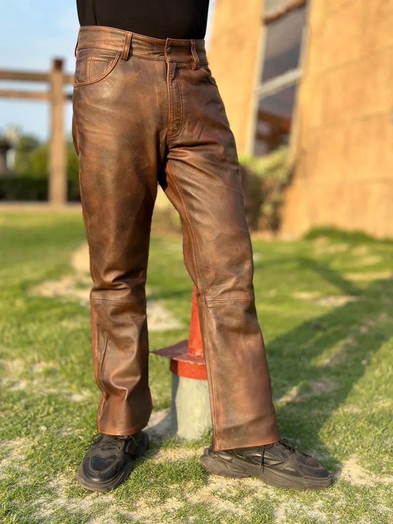 Sheepskin Leather Pant Men Genuine Classic Straight Vintage Brown Cowboy Jeans