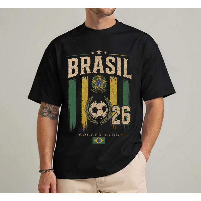 Brasil Flag 26 Soccer Cup T-Shirt, Retro Brasil Football Club Shirt | Black
