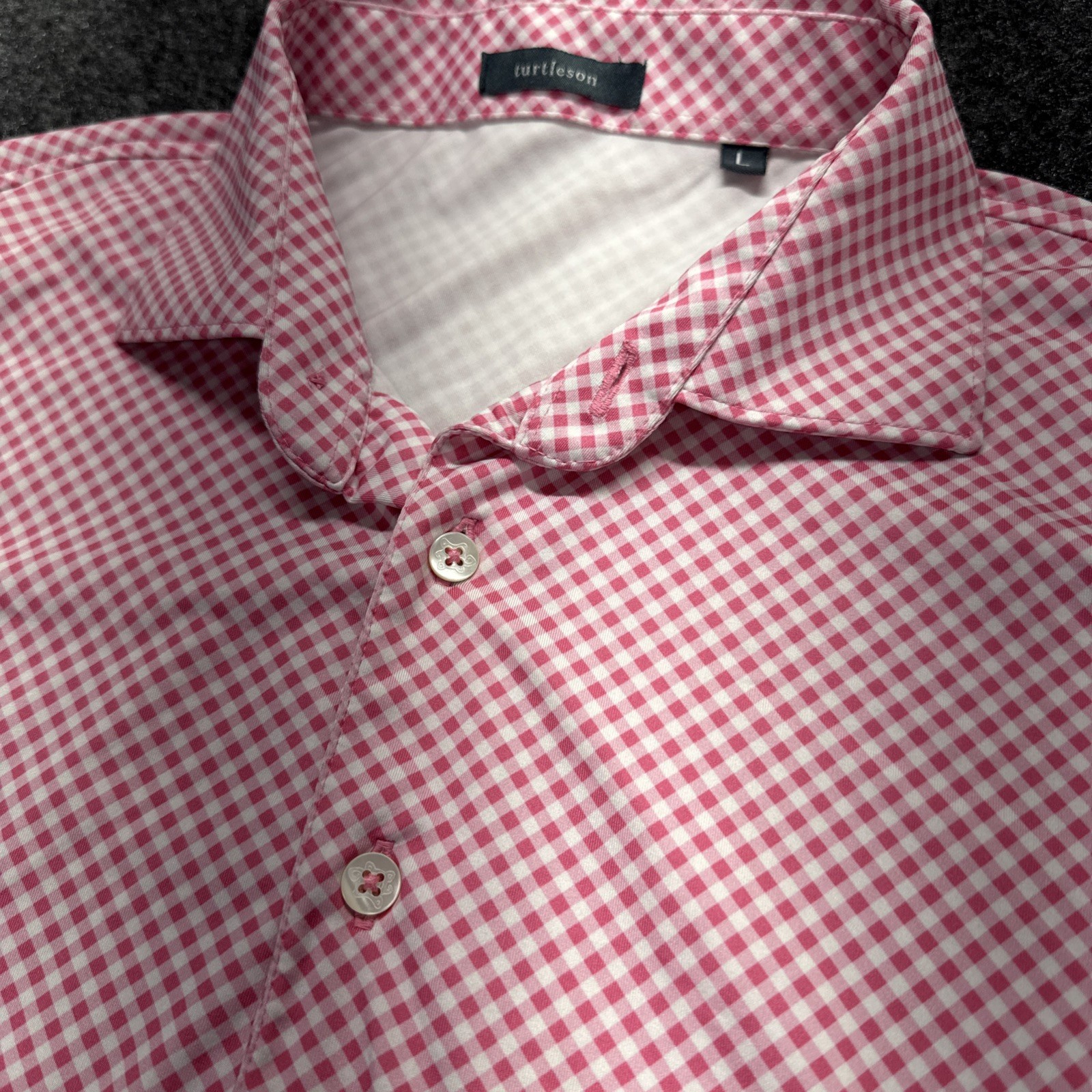 Turtleson Golf Polo Shirt Men’s L Pink White Checked 3 Button Placket Polyester