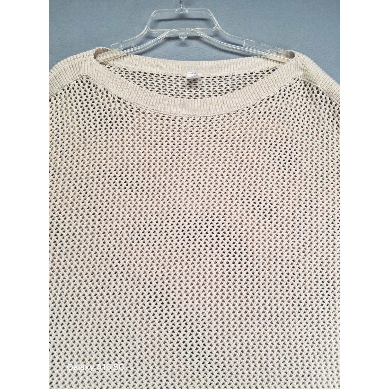 Cream Open Weave Mesh Knit Sweater Crew Neck Boxy Long Sleeve Pullover