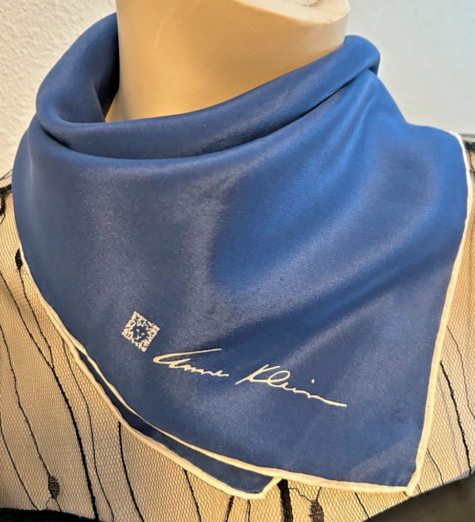 Anne Klein – Vintage 21 x 21 In. Royal Blue, White Solid Color Silk Scarf -VS-88
