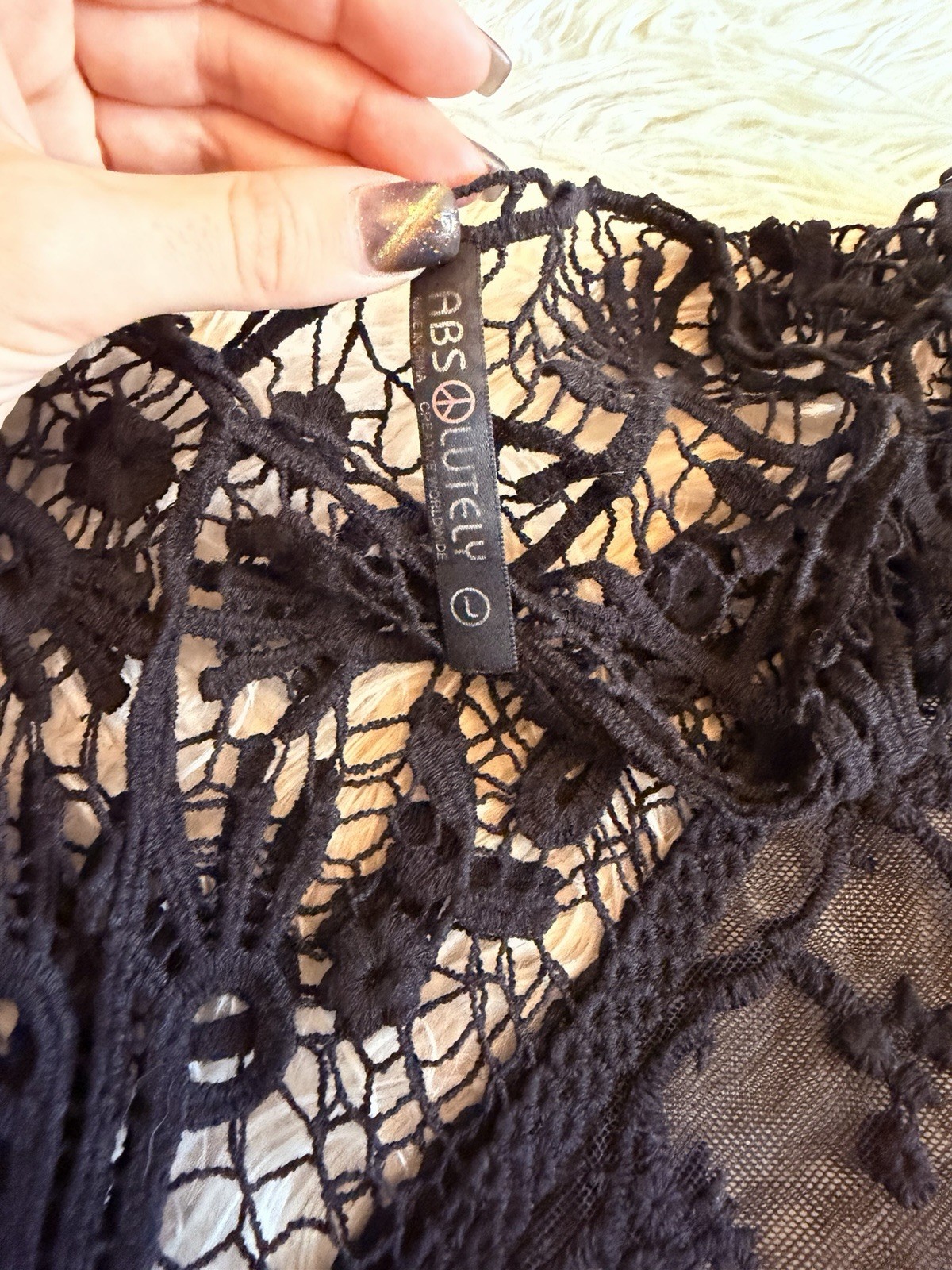 Black Sheer Lace Crochet Overlay V-Neck Top Whimsy Goth Fairy Y2K Size L