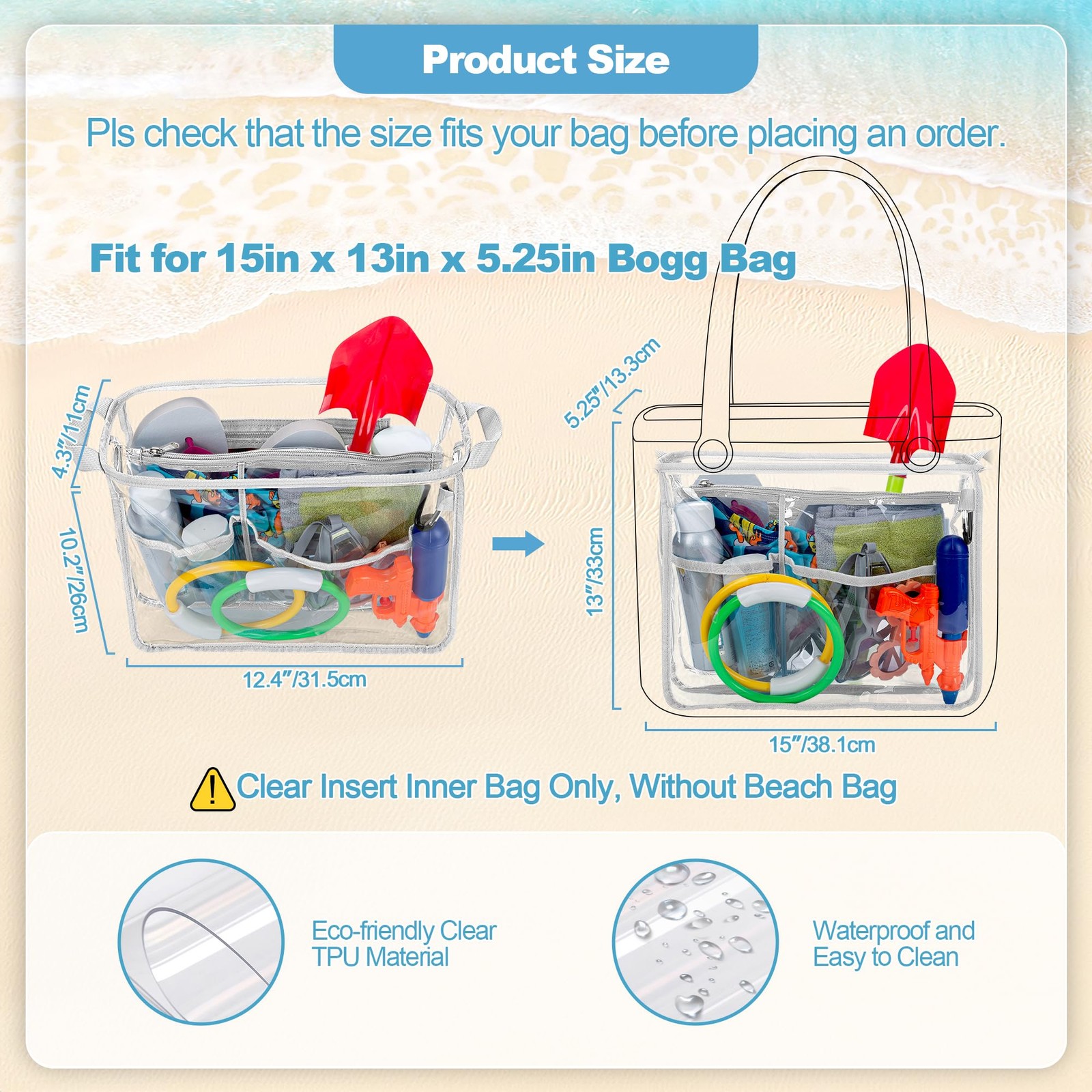 Clear Beach Bag Organizer Insert (12.4in x 10.2in x 4.3in) Compatible with Bo…