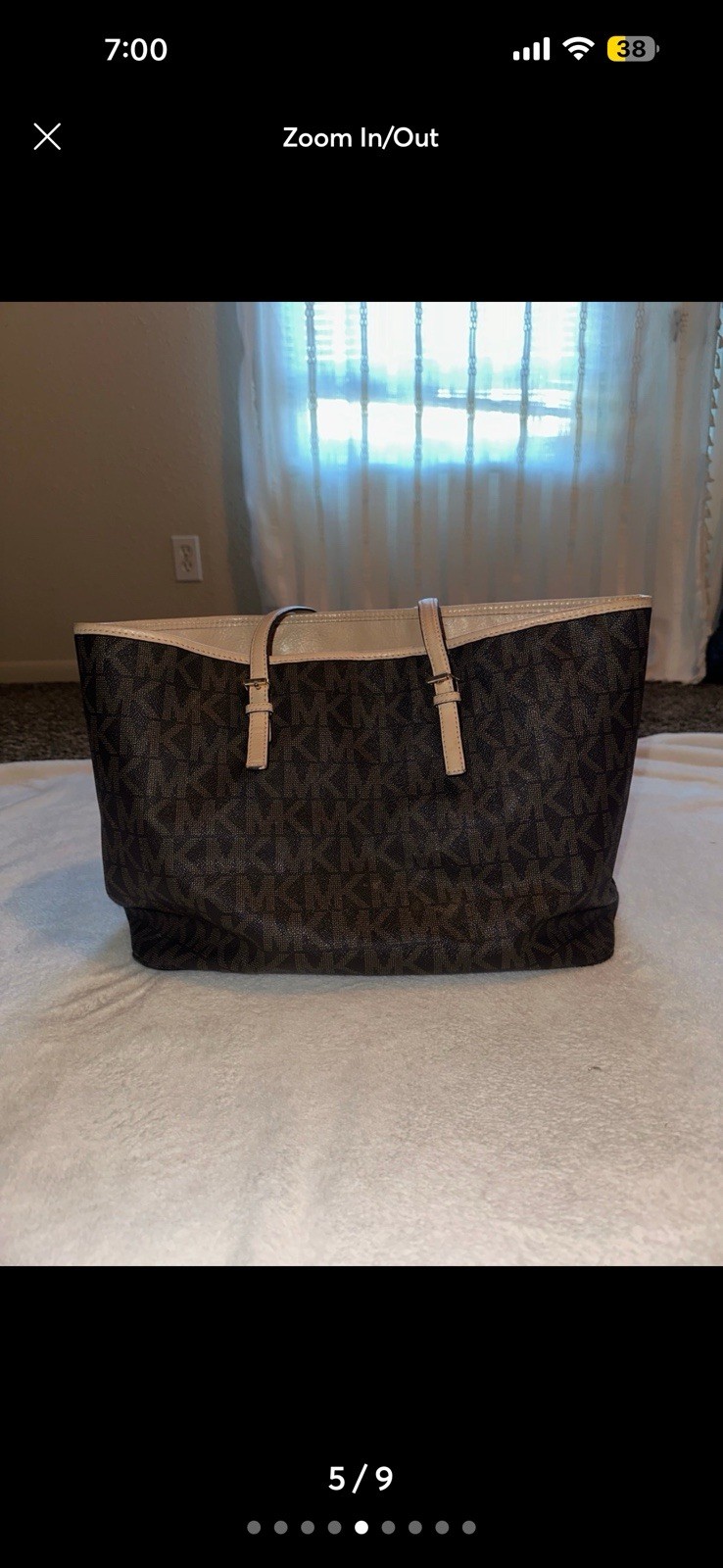 Michael Kors Monogram Logo Tote w/ Matching Zip Wallet Brown/Beige Gold
