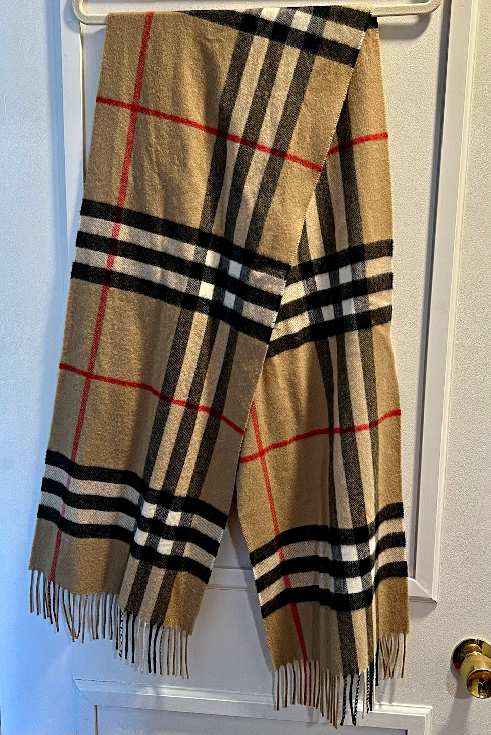 Authentic Burberry Giant Check 100% Cashmere Fringe Scarf Camel 66.1”x11.8” EUC