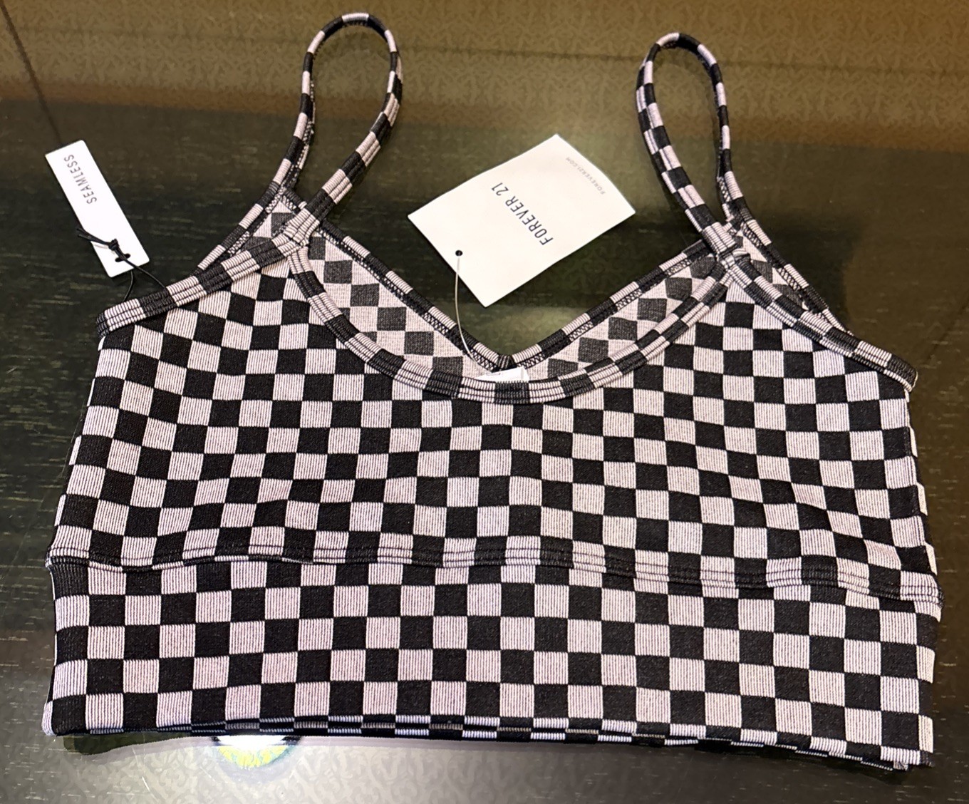 FOREVER 21 Crop Top Seamless Bralette Black Check Medium NWT