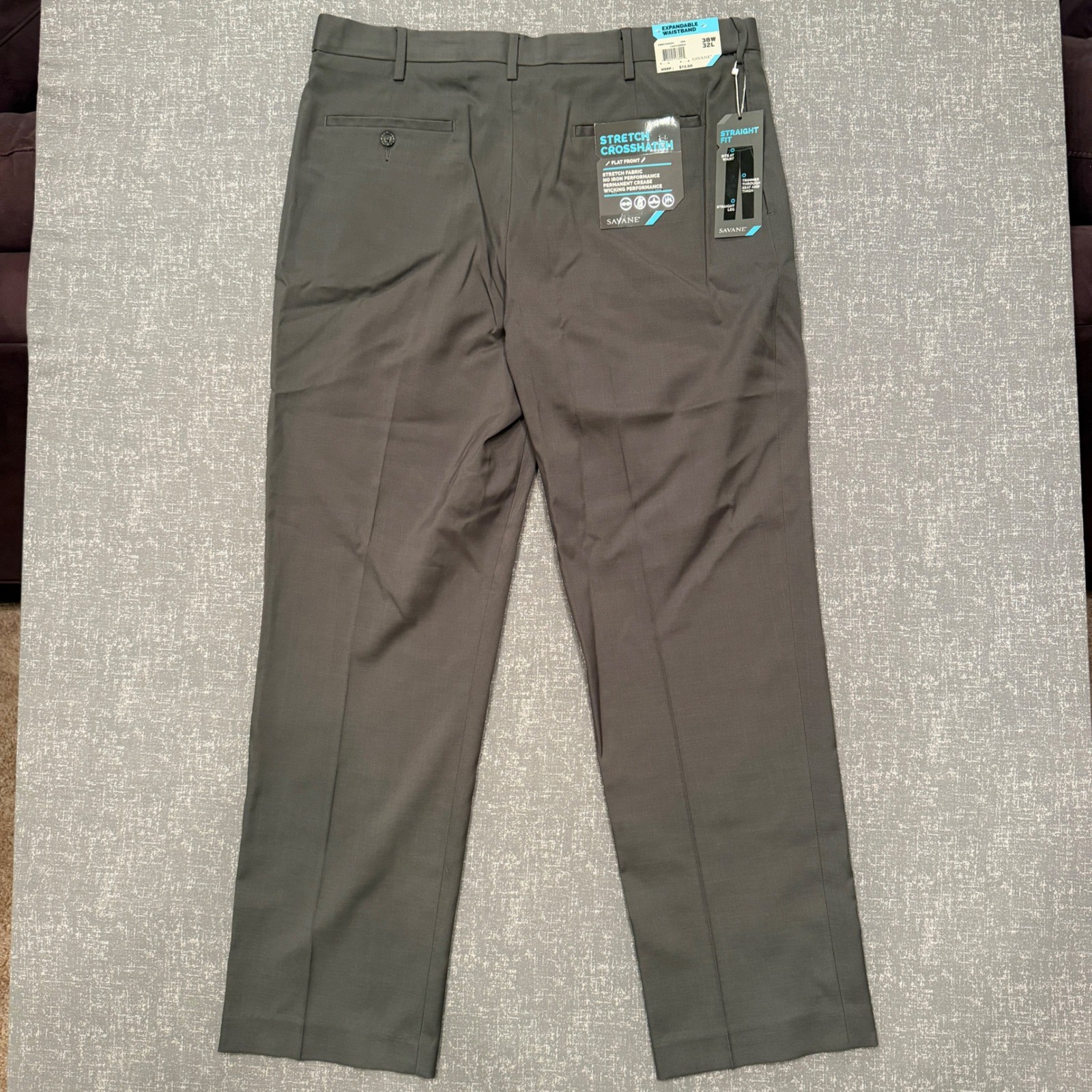 Savane Mens Stretch Crosshatch Dress Pants 38×32 Castlerock Grey Straight NWT