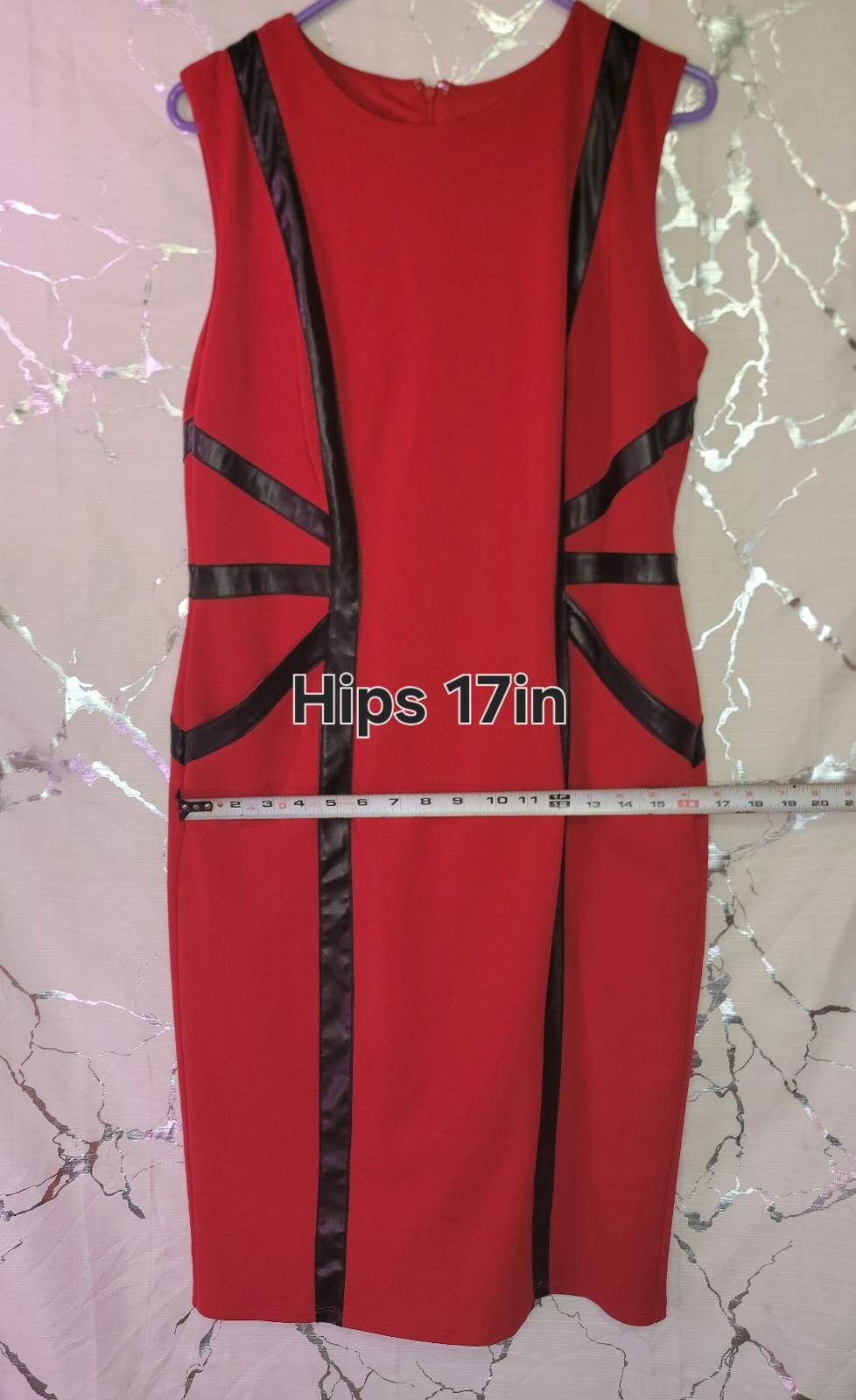 NY&C Red Bodycon Dress With Black Leather Trim And Pockets