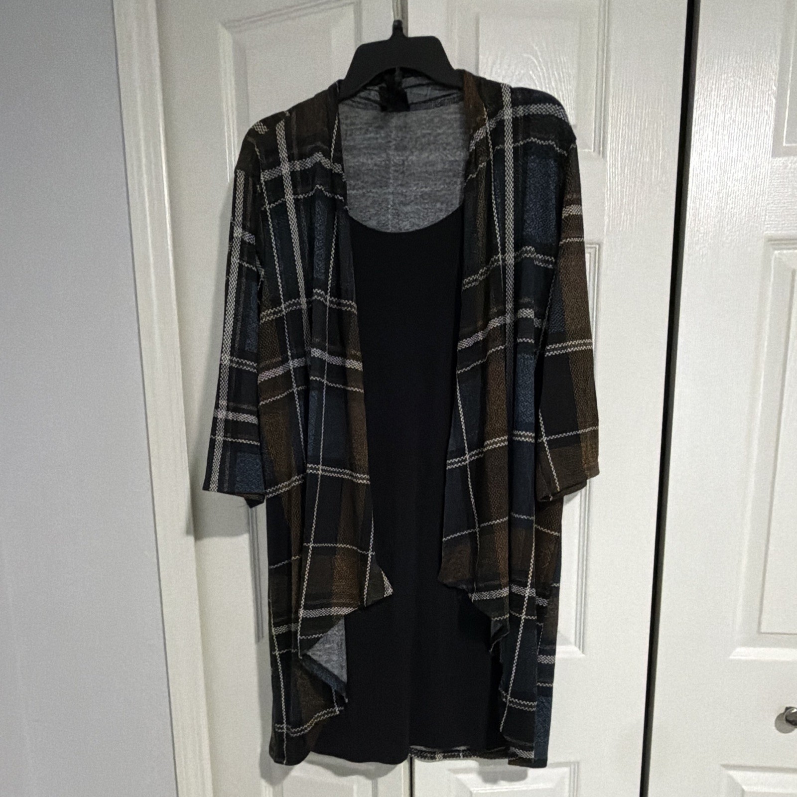 En Focus Women Plaid Open Front 3/4 Sleeve Knit Cardigan Sweater 18W Navy