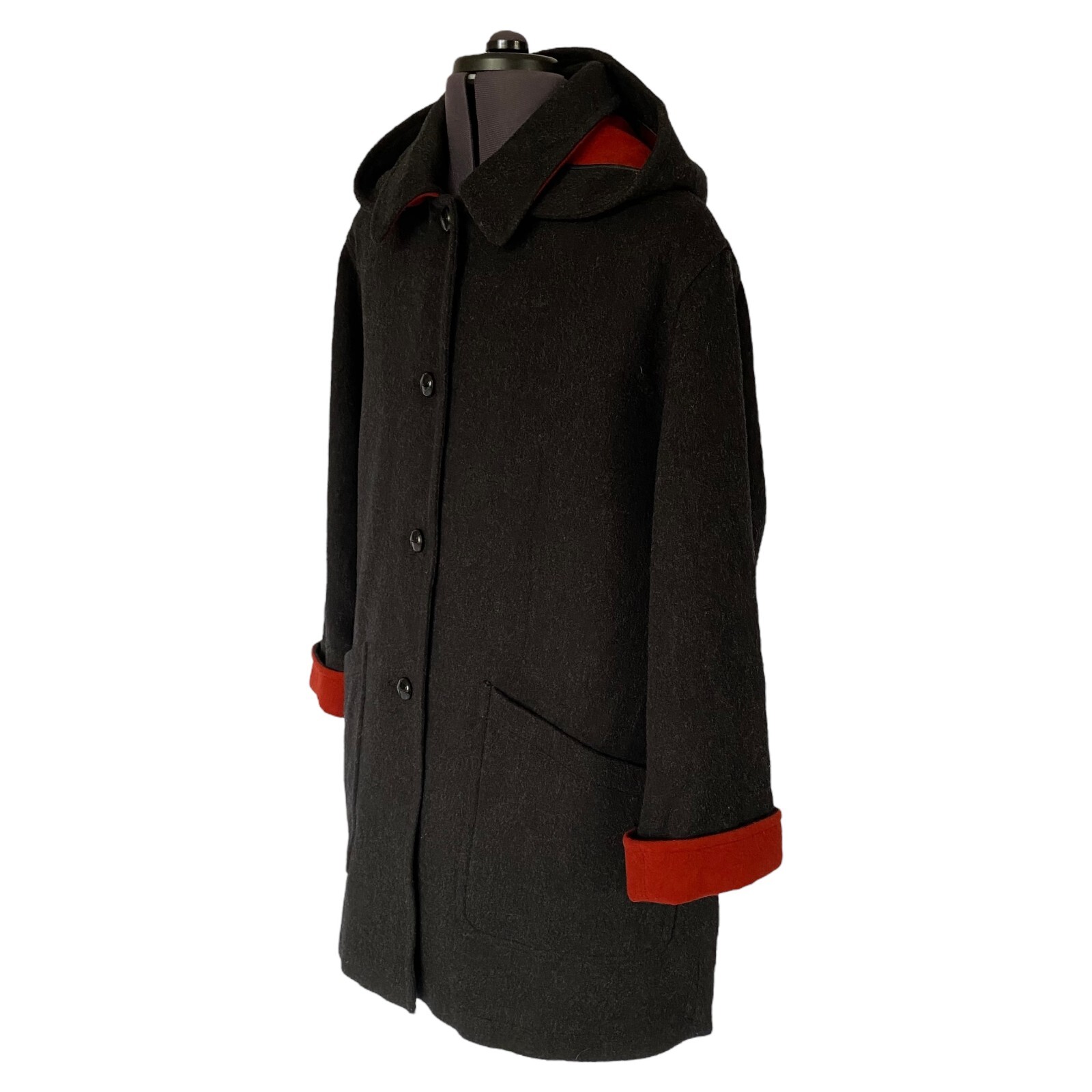 LODENFREY Hooded Coat Black Charcoal Virgin Wool Red Trim Ladies UK 18 D/A 44
