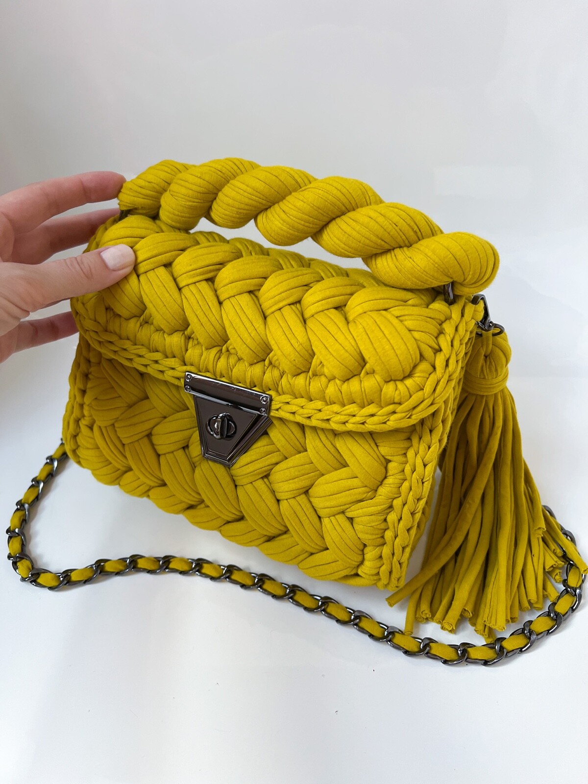 $159 NWOT Handmade Crochet Knitted Luxury Fashion Shoulder Bag Mustard Yellow