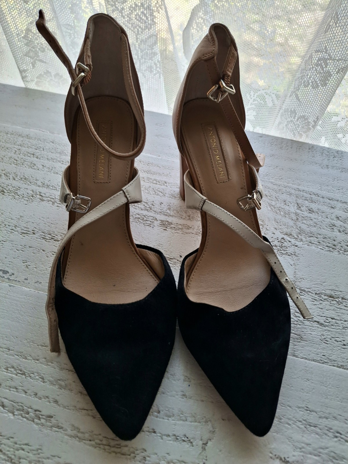 Antonio Melani Block Heel Pointed Toe Ankle Strap Buckle Pumps Black Beige White