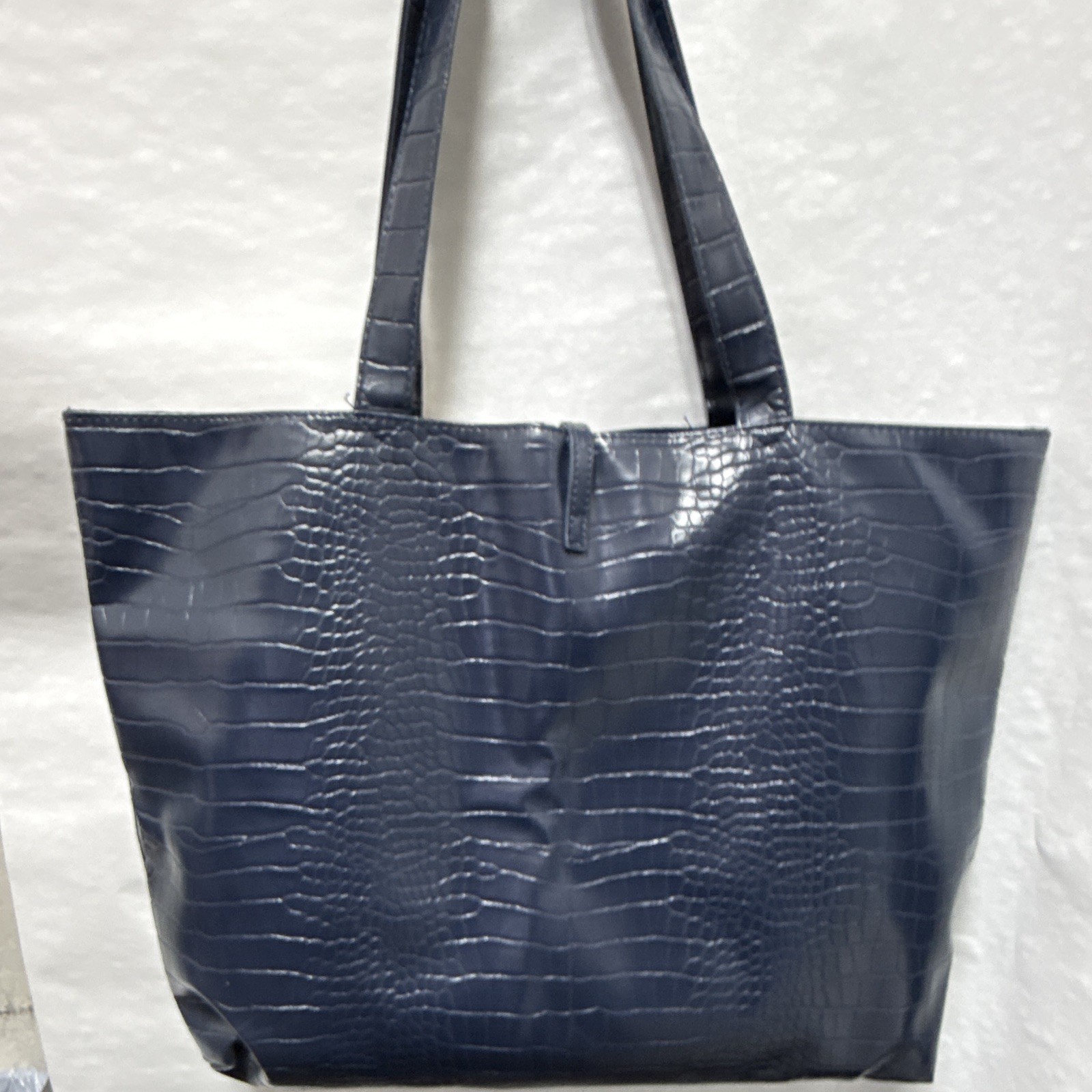 Women’s Navy Crocodile Embossed Tote Bag Double Handles Open Top Lined