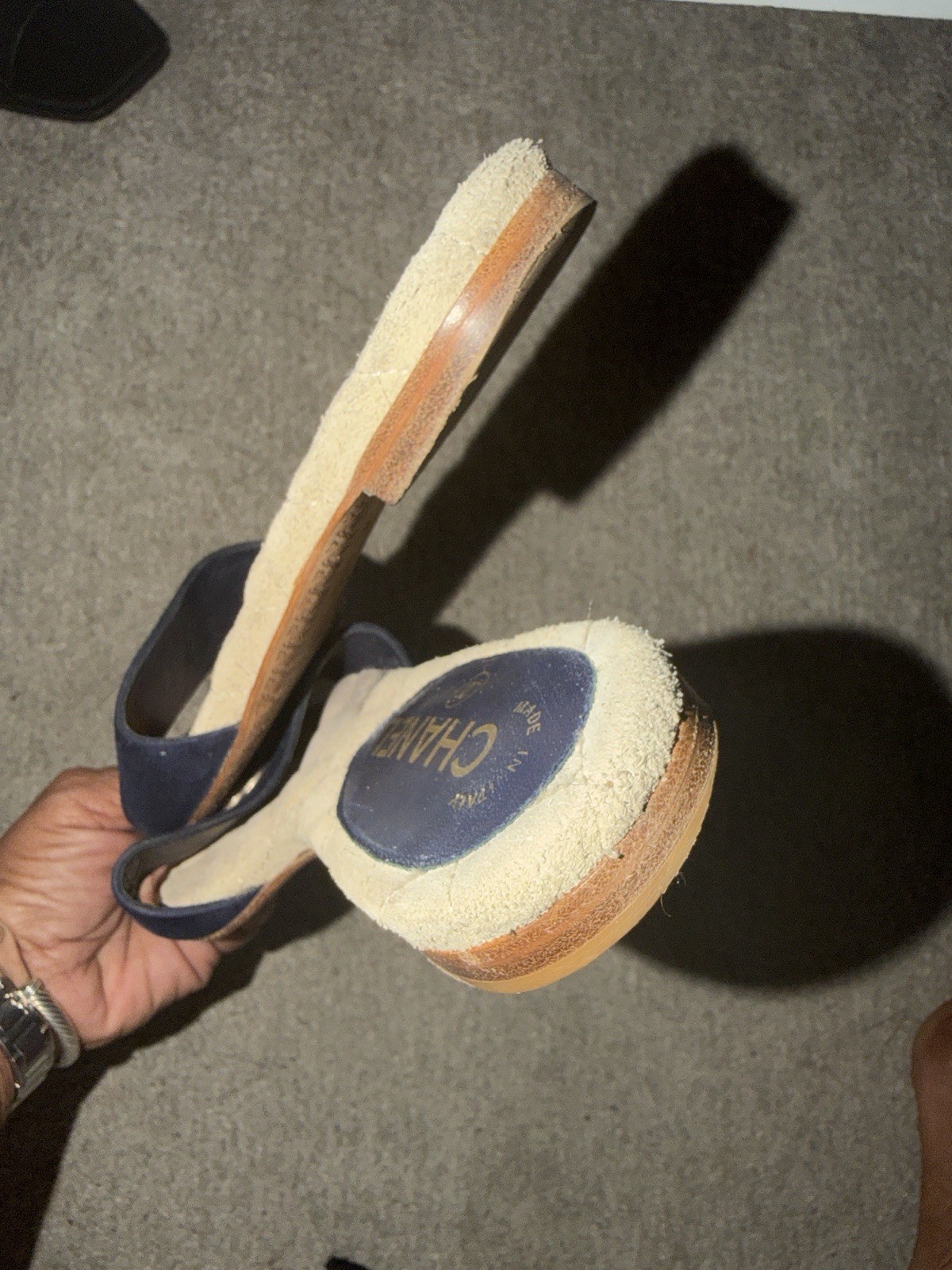 Chanel Blue Suede Slip On Sandals With Crystal and Gold CC’s