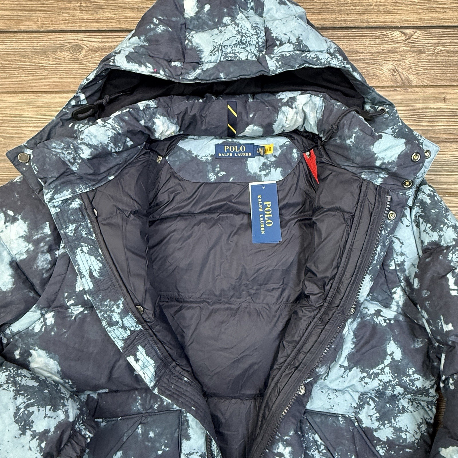 Polo Ralph Lauren Mens Convertible Tie-Dye Down Jacket Vest Hood Blue LARGE NEW