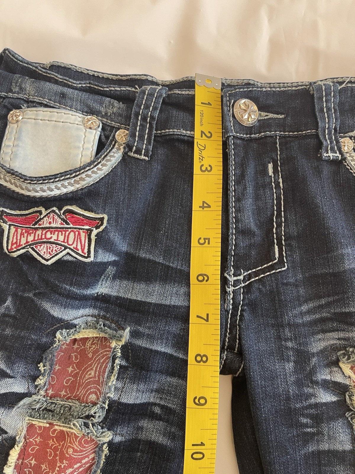 Affliction Jade Embellished Handkerchief Patchwork Jeans Size 27 Mcbling Low Cut
