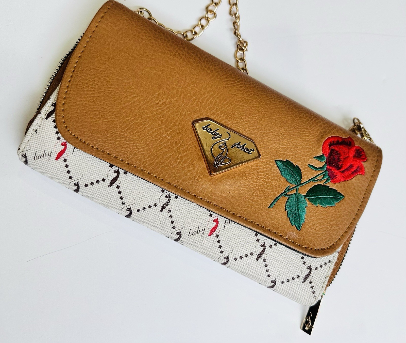 Baby Phat Logo Zip Wallet Wristlet w/ Chain Strap Rose Embroidered Brown Beige
