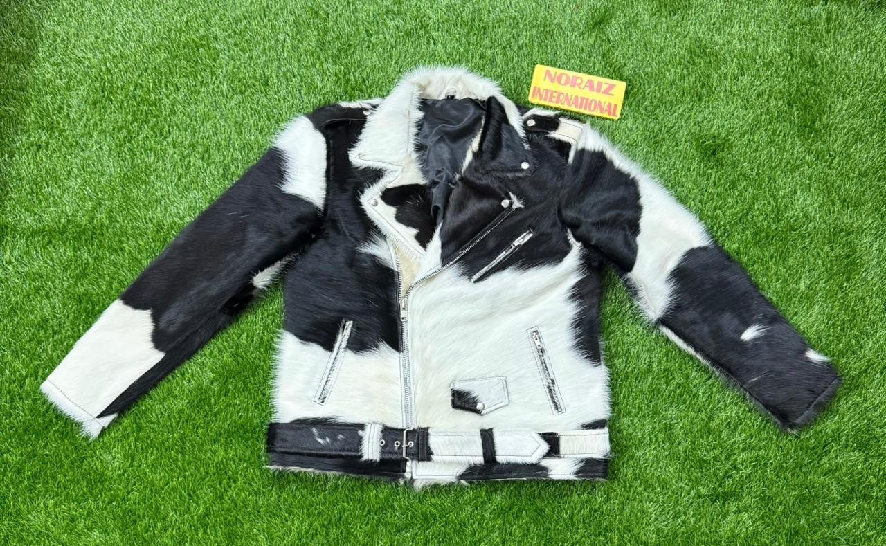Men’s Genuine Cowhide Hair On Leather Jacket Black & White Biker Style