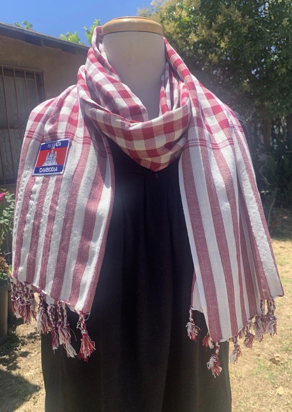 Krama 100% Cotton Handmade Khmer Maroon/White Scarf 64 x 24 Inches