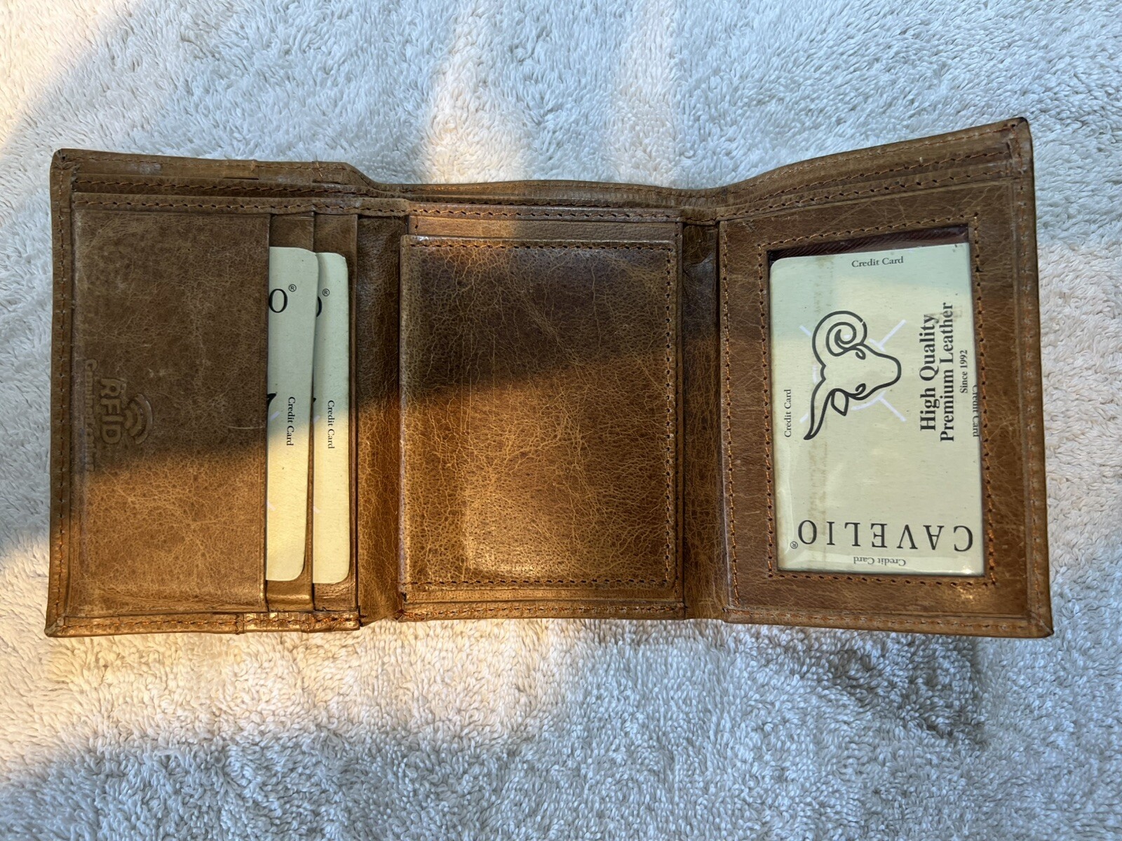 Cavelio Genuine BROWN TAN Leather Trifold Badge Wallet police fire marshall