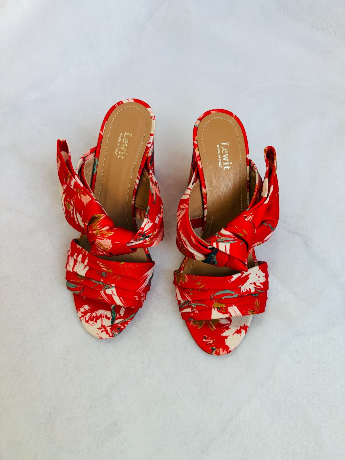 Lewit Rosa Floral Print Bow Mule Pumps Block Heel Red Satin -Size 6 (35 1/2)