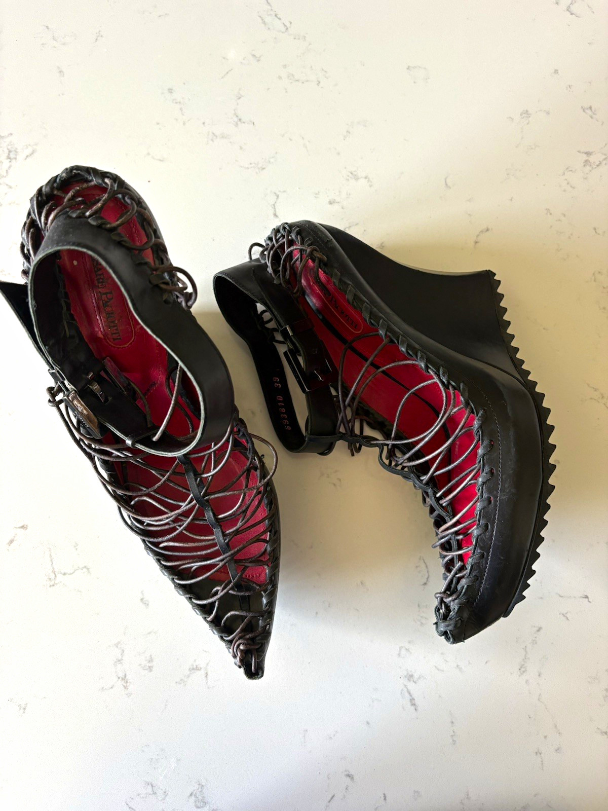 Cesare Paciotti Black/Red Leather Lace-Up Wedge Heel Ankle Strap 6.5