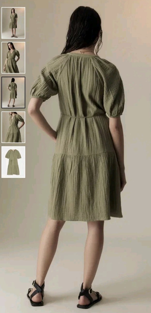Marks & Spencer Per Una Pure Cotton Textured Notch Neck Tiered Khaki Dress Sz12