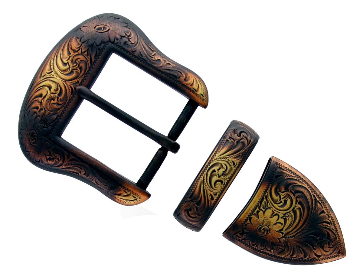 WESTERN COWBOY ANTIQUE BRASS FLORAL ENGRAVED BELT BUCKLE SET FITS 1-1/2″ STRAP