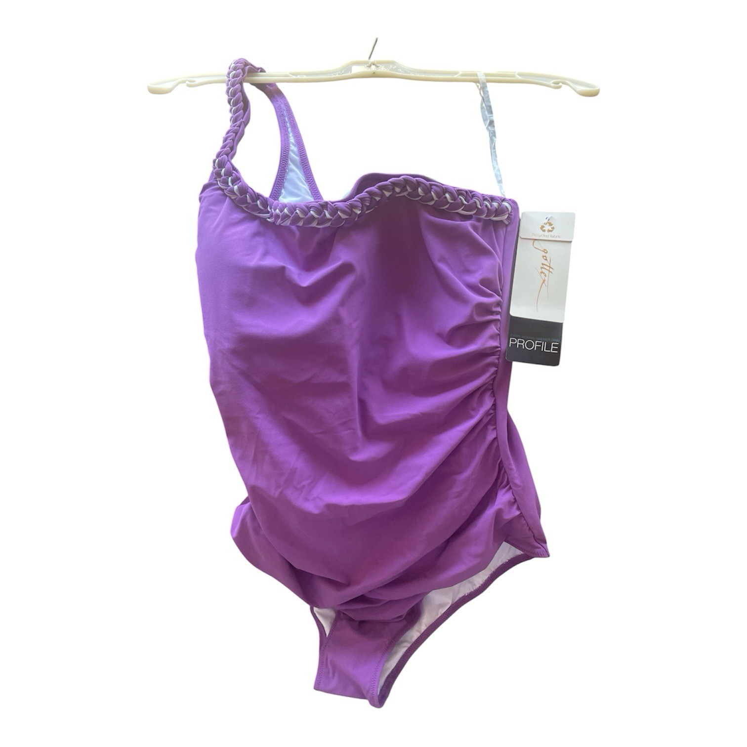 Gottex Women’s Purple Solid One-Shoulder Swimsuit, Braided Accent, Size 12