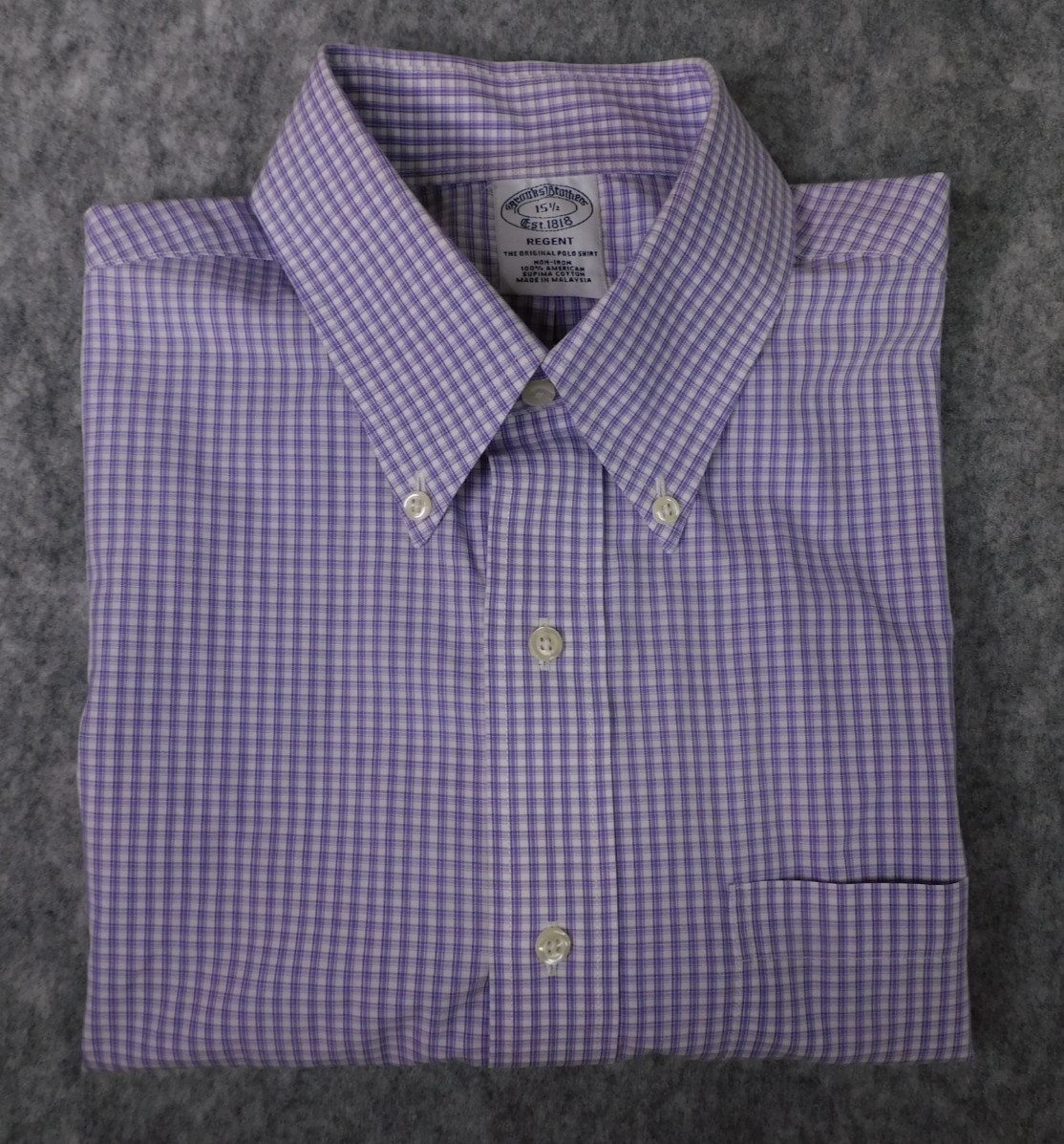 Brooks Brothers Regent Men’s Dress/Casual SS Shirt; Purple/White Checks – 15-1/2