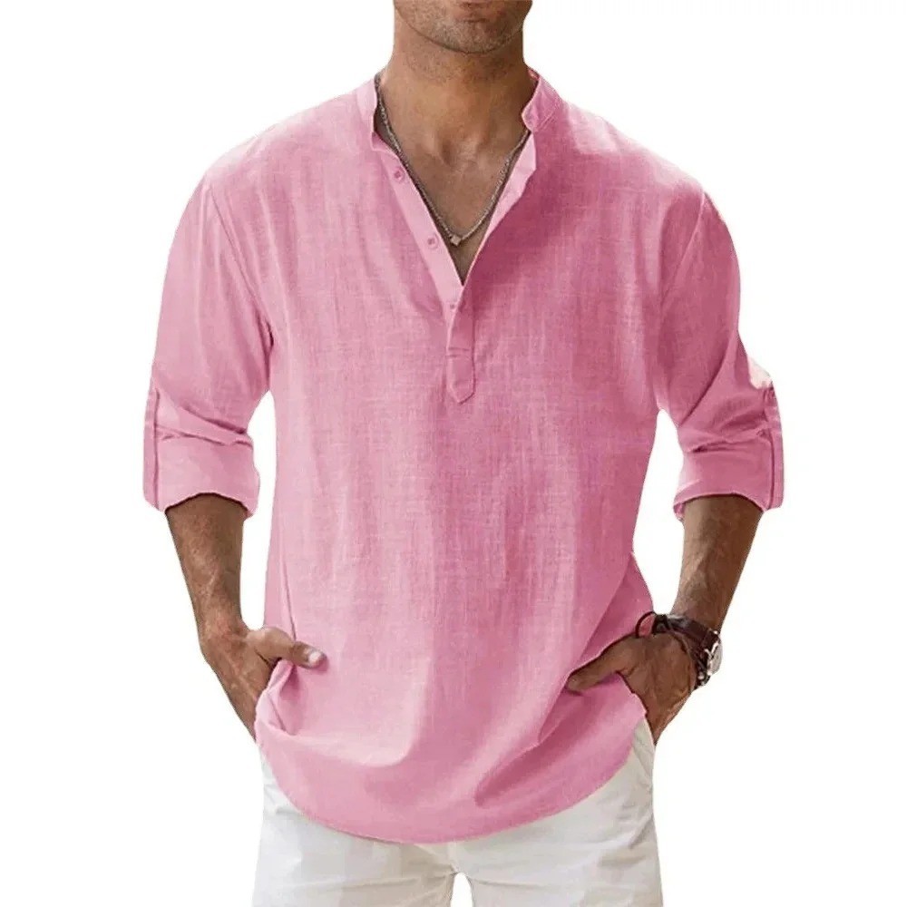 Men’s Cotton Linen Henley Shirt Summer Casual Beach Hawaiian Style Vacation Wear