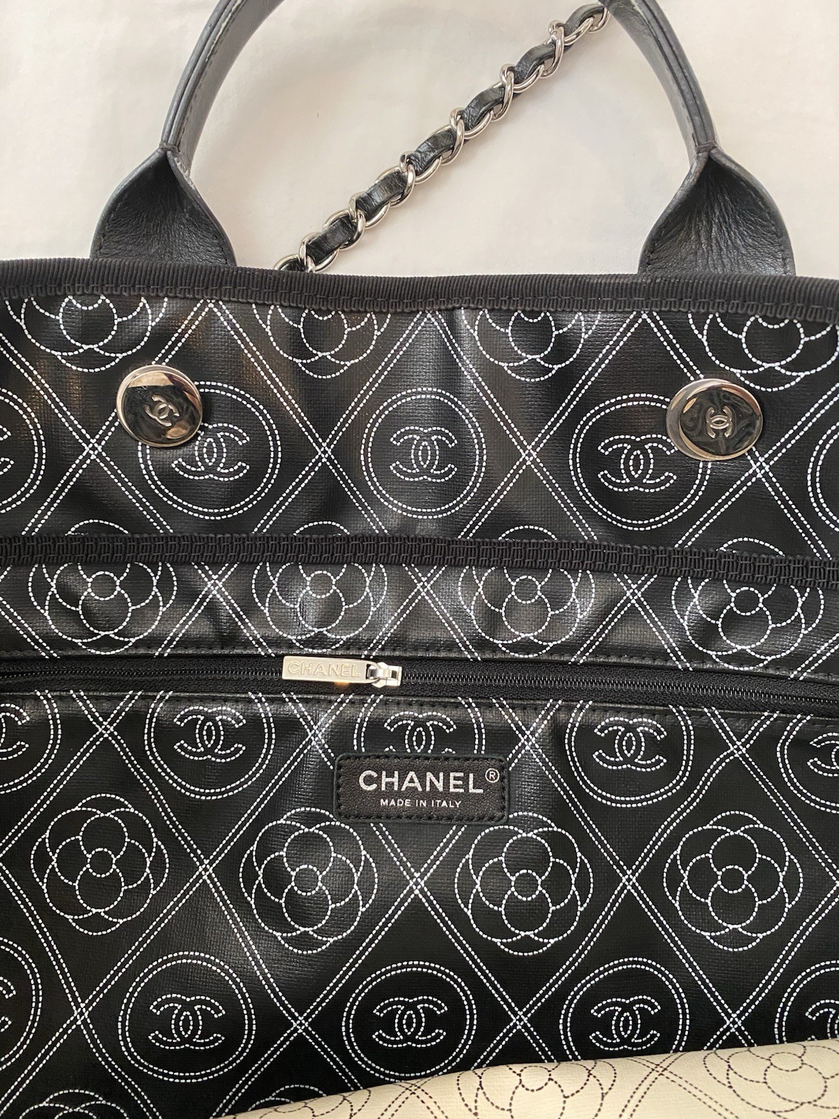 CHANEL Large Deauville Camellia Shopping Coated Canvas Tote Bag Black Beige✨