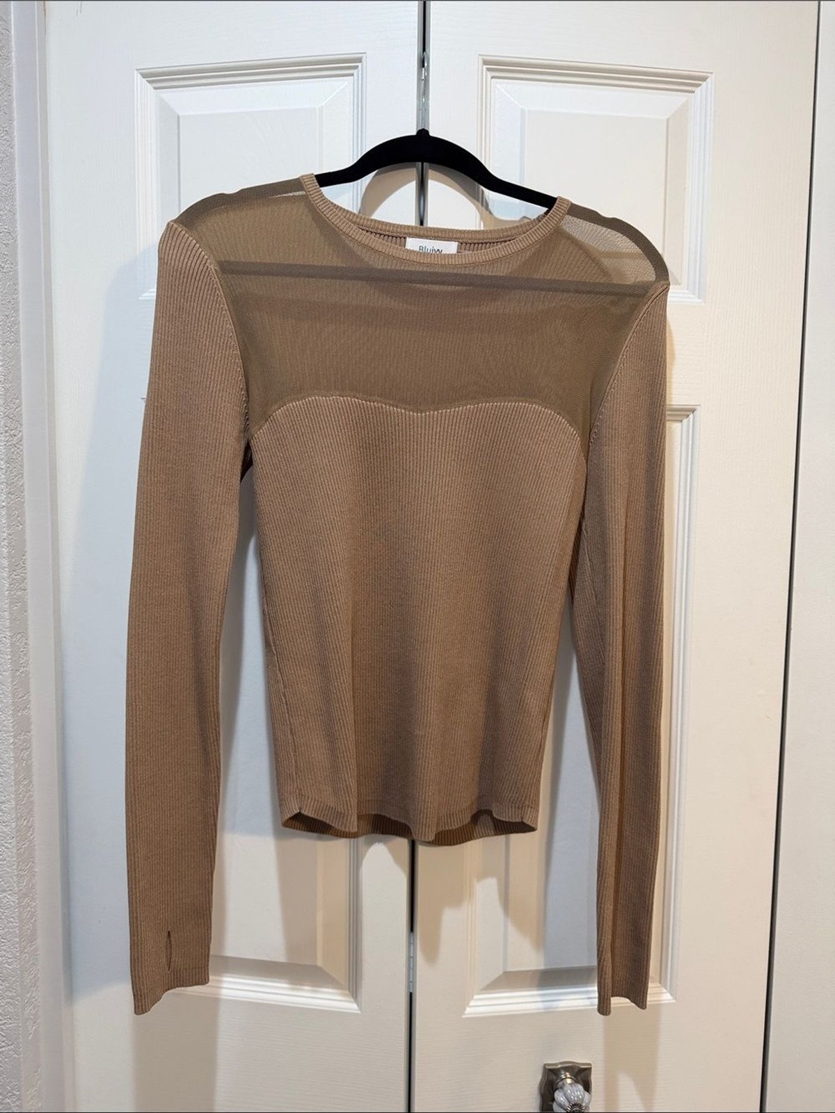 Sheer Yoke Long Sleeve Rib Knit Top Size Large