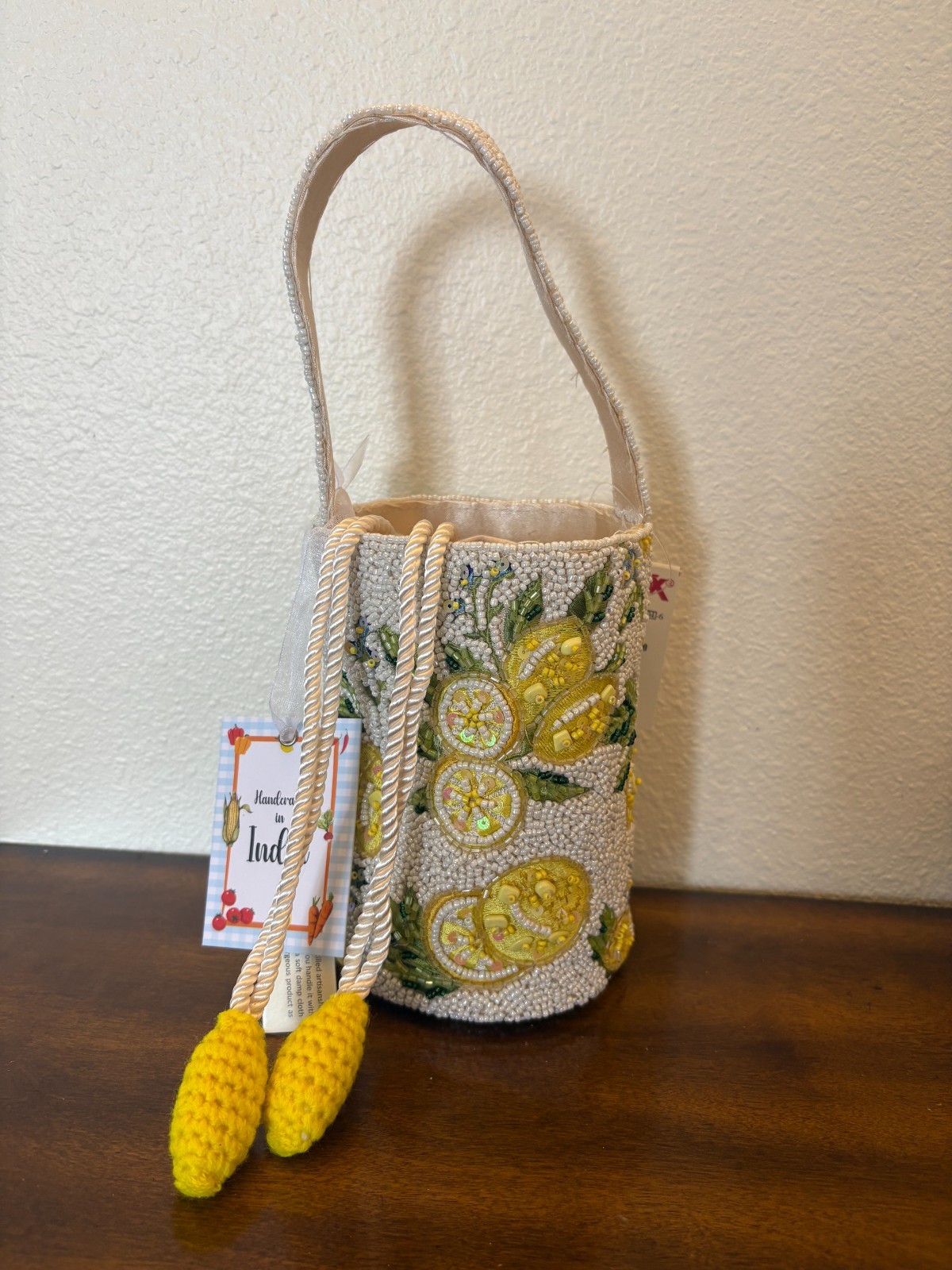 New Release Handcrafted in India Lemon Bucket Drawstring Beaded Bag Viral TikTok