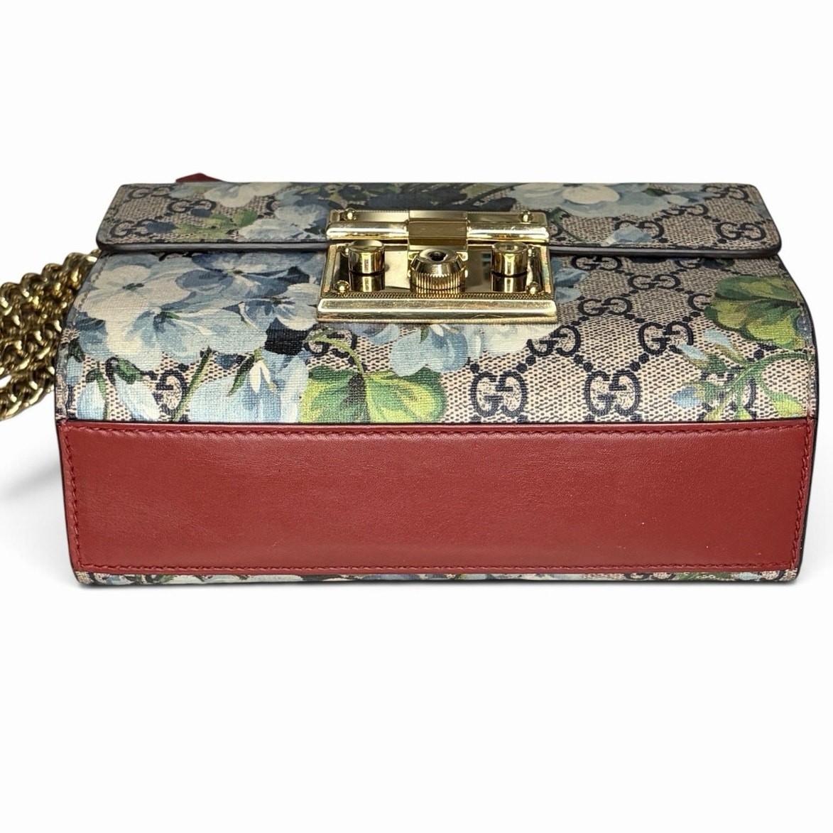 Gucci Small Padlock GG Blooms Shoulder Bag Blue Floral Red Leather Gold Chain