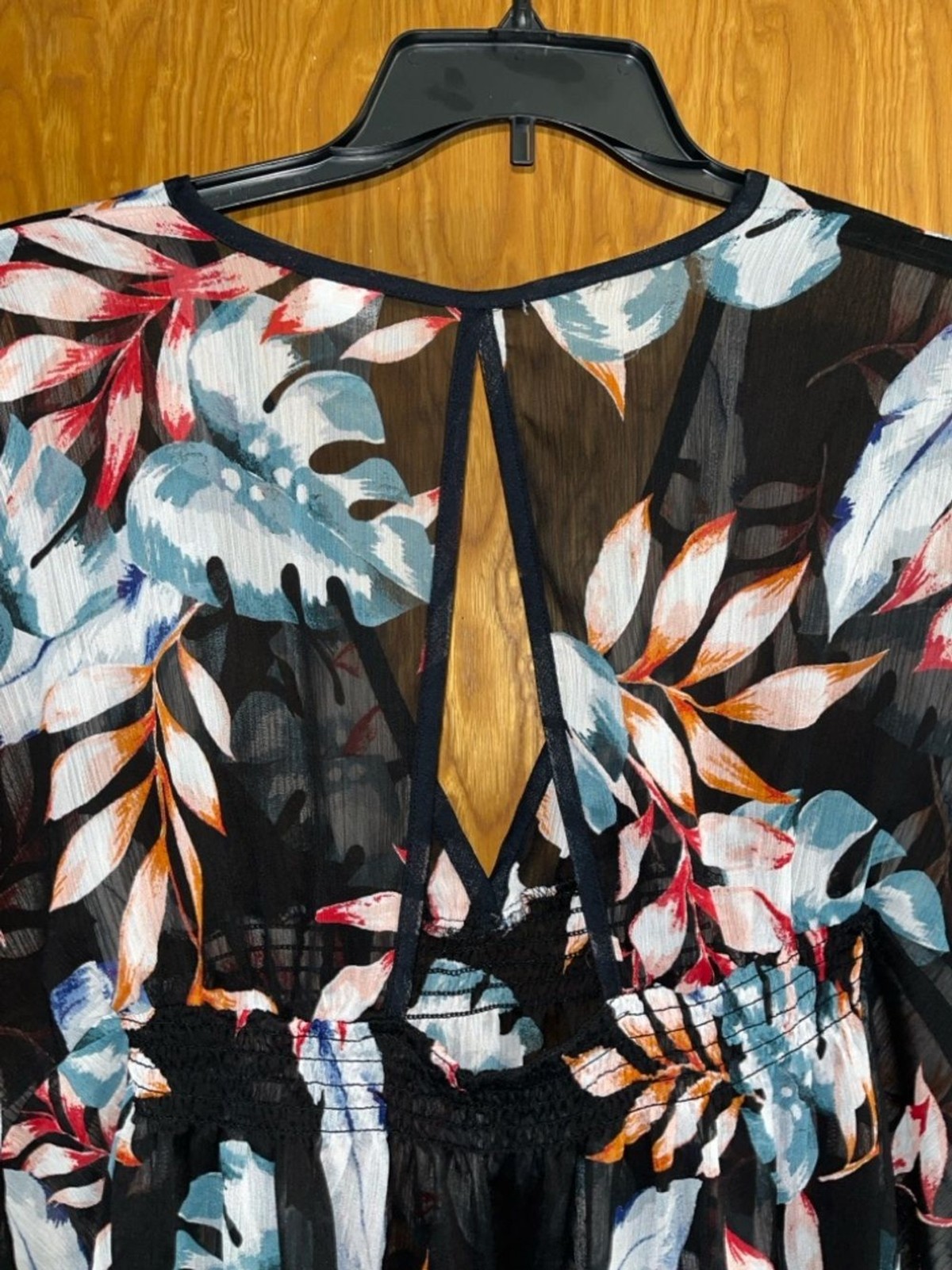 Kona Sol Black Floral V-Neck Tunic with Blue and Coral Leaves