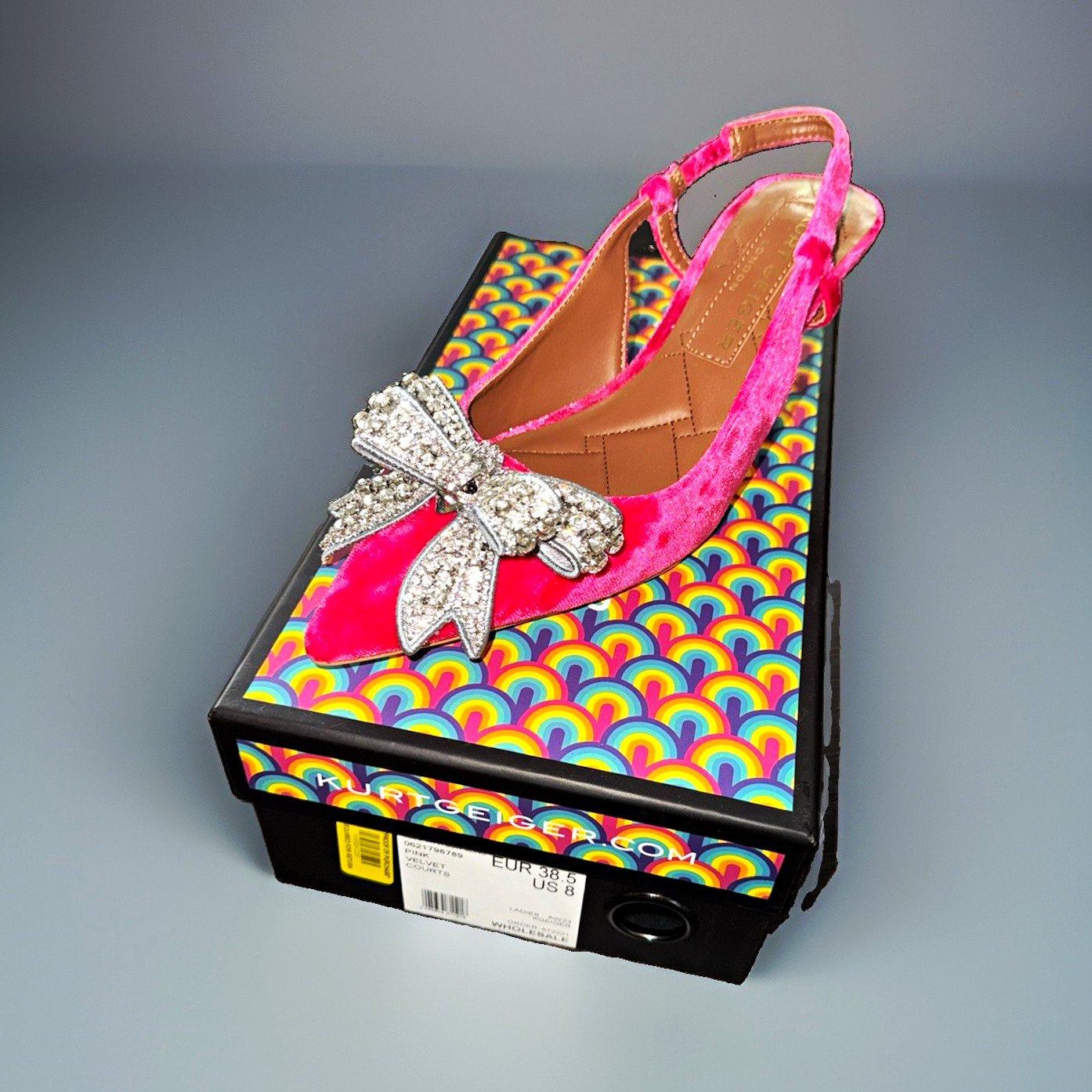 Kurt Geiger Pink Velvet Slingback Pointed Toe Rhinestone Bow Heels US 8